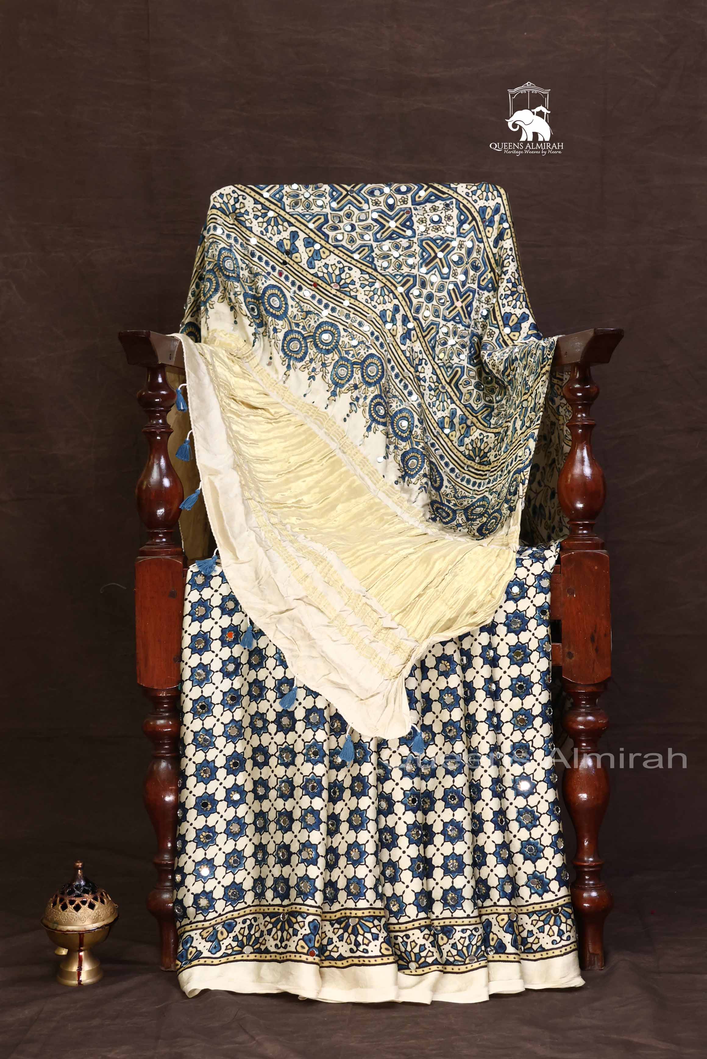 Off White Floral Motif Mirror Work Ajrakh Modal Silk Saree