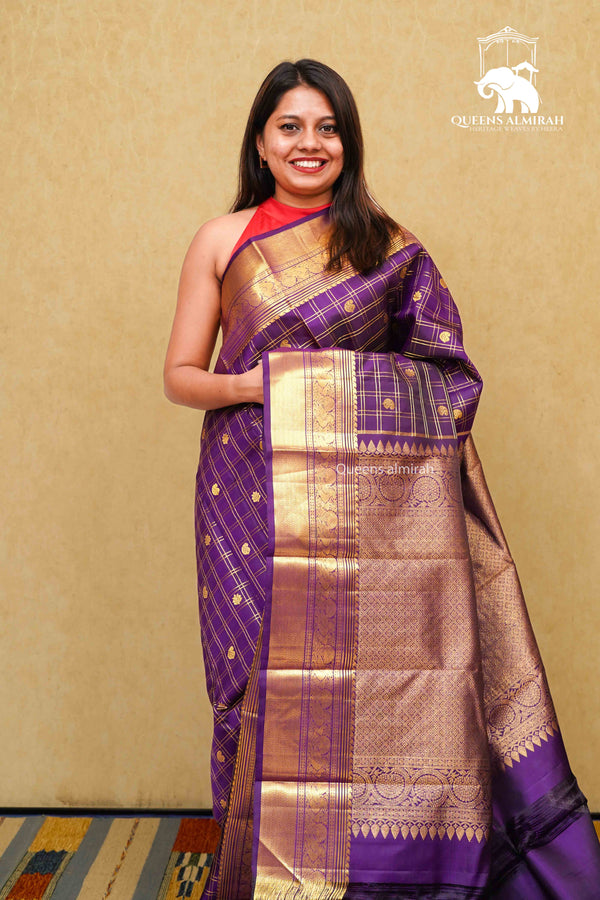 DARK PURPLE WITH GOLDEN BORDER PURE KANCHIVARAM SILK SAREE - Queens Jewel Emporium