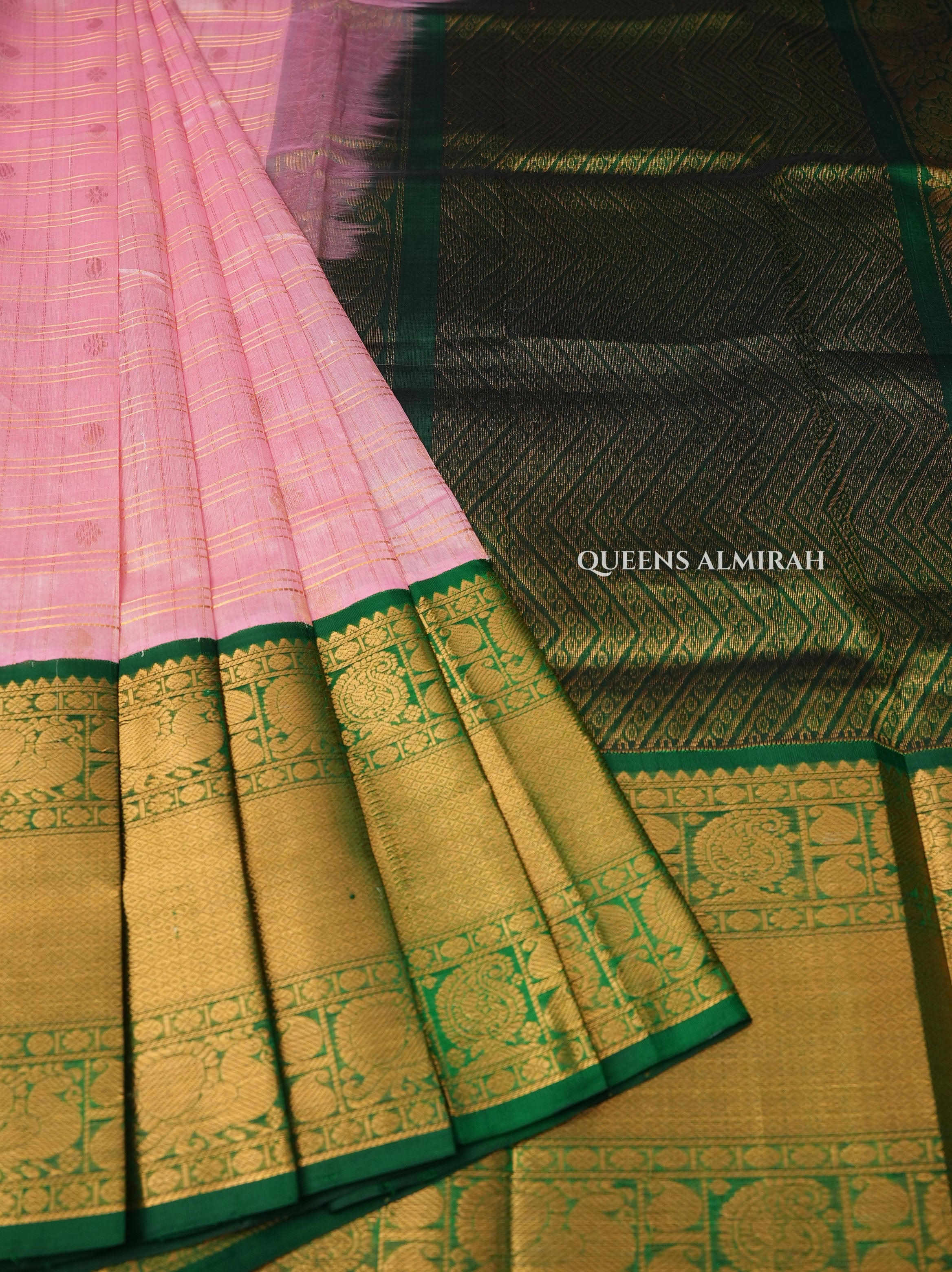 Lotus Pink With Leaf Green Pure Silk Cotton Saree