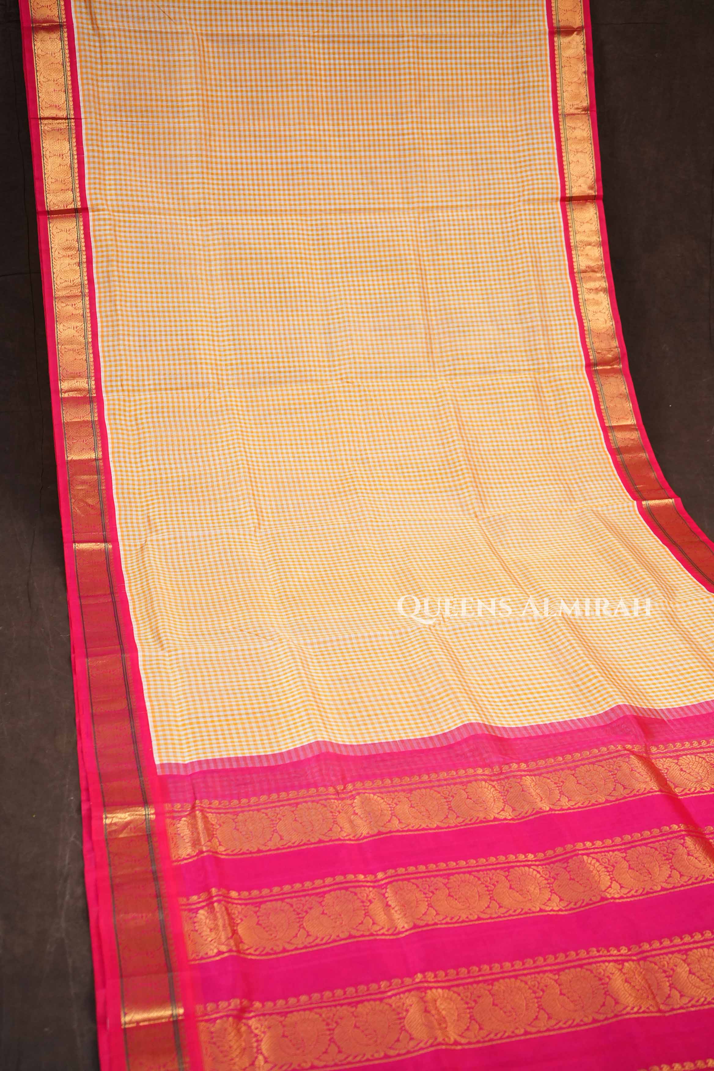 Yellow Checked With Pink Pure Silk Cotton Saree