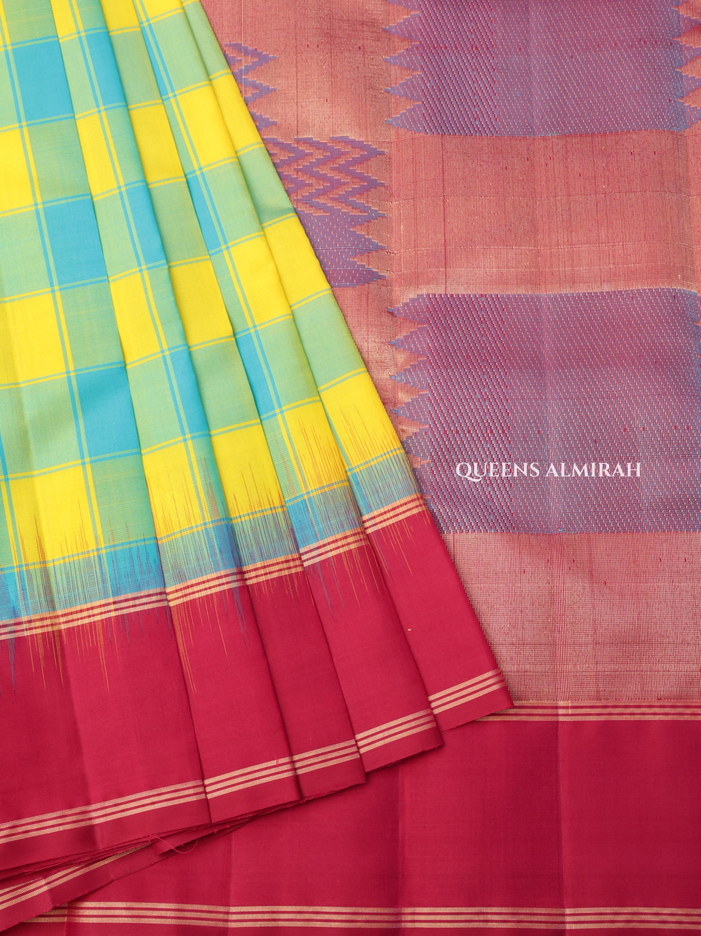 Yellow With Blue Kattam With Maroon Pure Kanchivaram Silk Saree