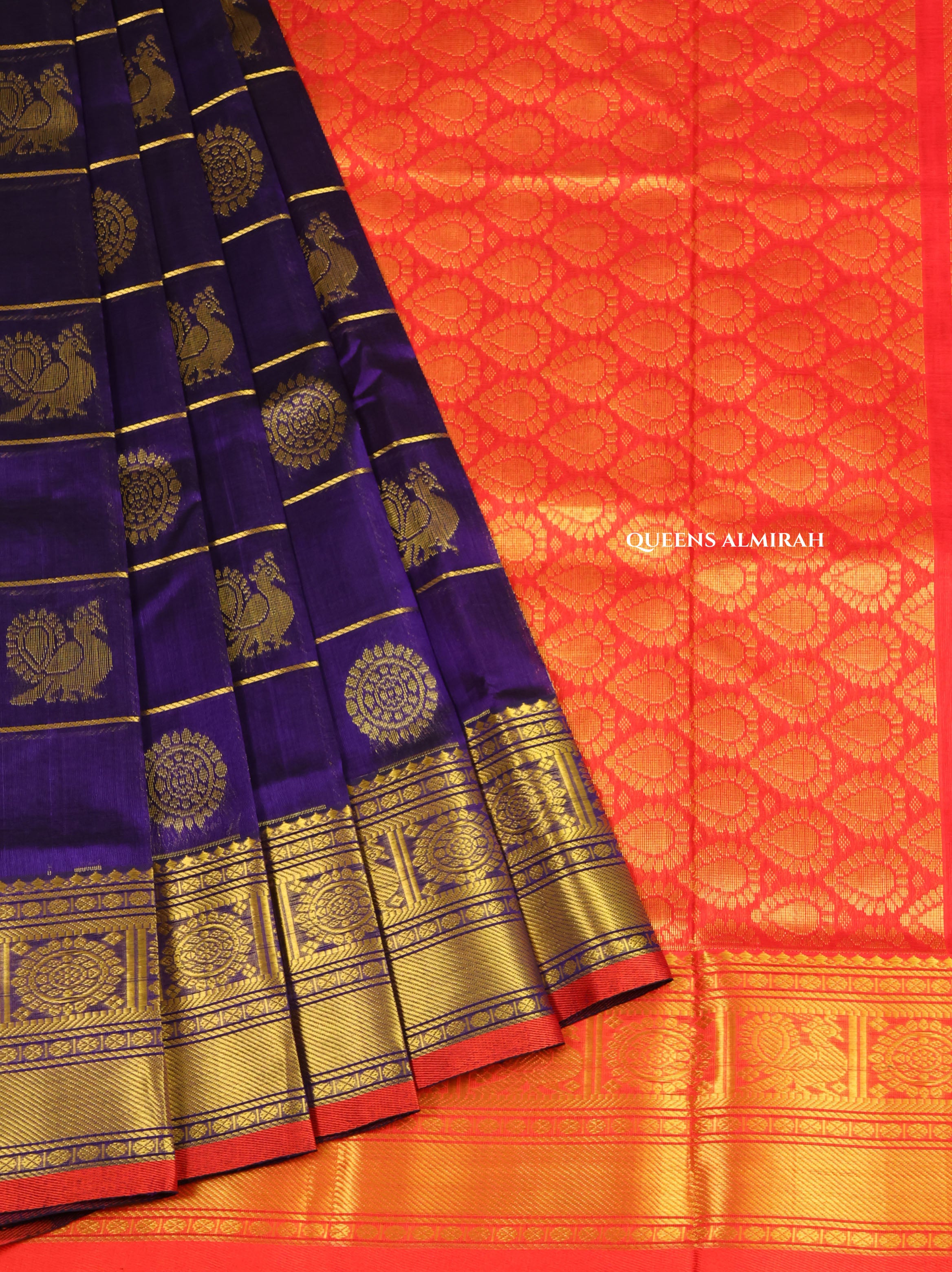 Navy Blue With Red Pure Silk Cotton Saree