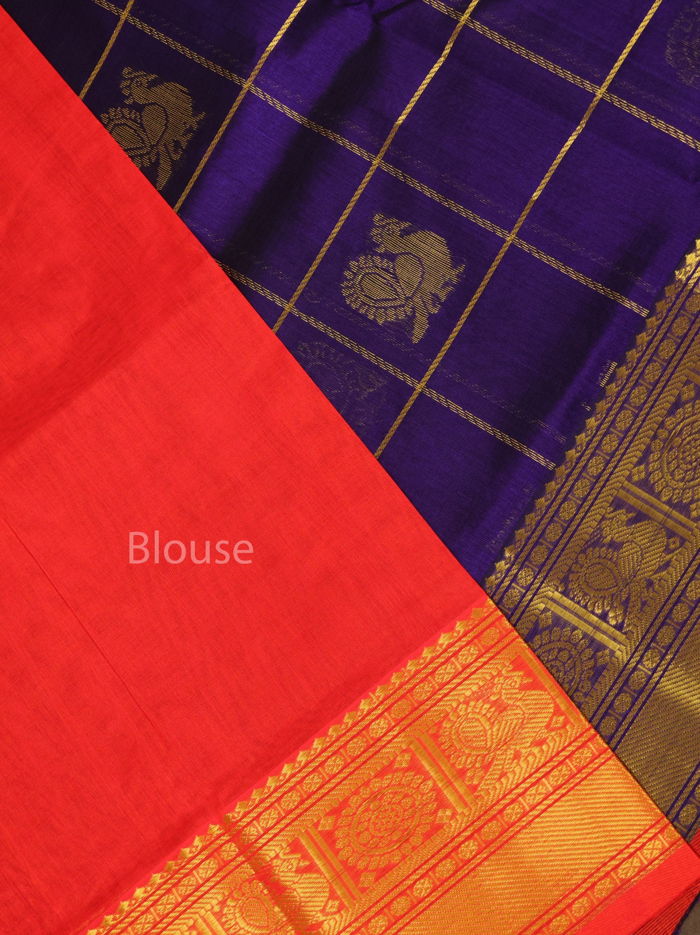 Navy Blue With Red Pure Silk Cotton Saree