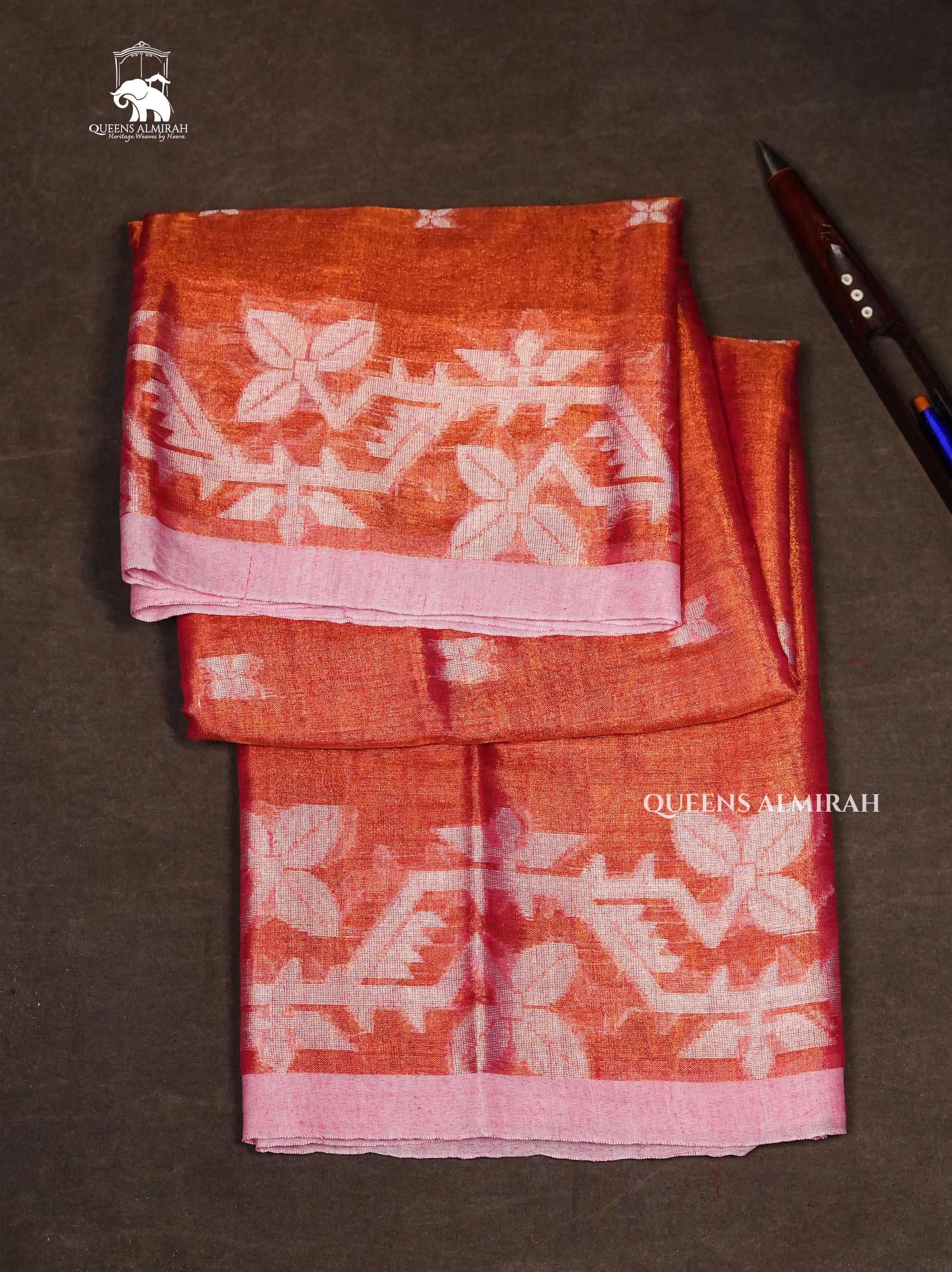 Rust Orange Linen Tissue Saree