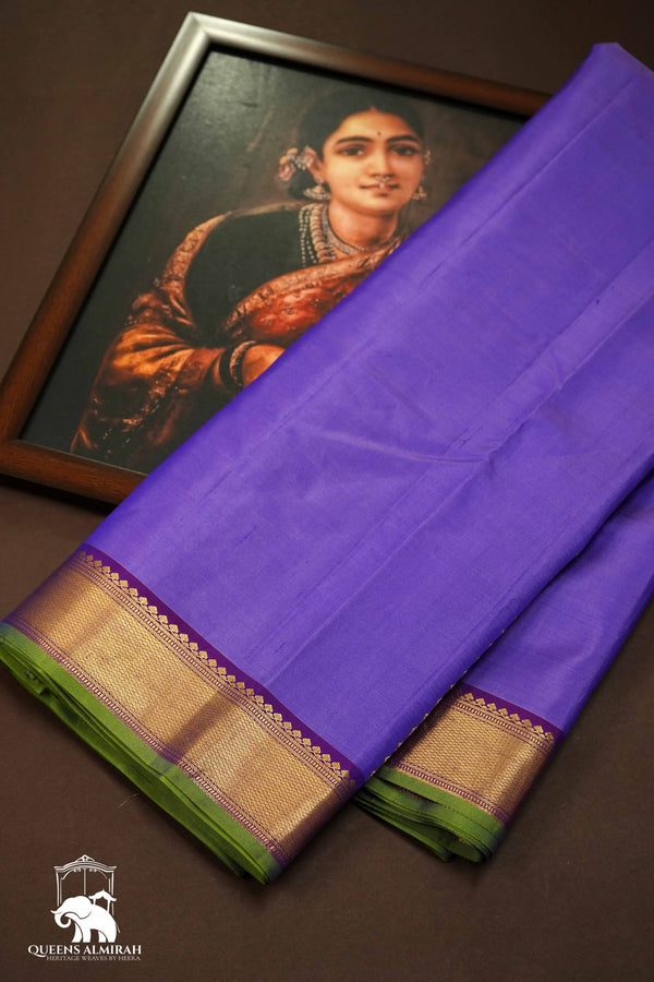 BRIGHT LAVENDAR WITH GOLD BORDER KANCHIVARAM SILK SAREE - Queens Jewel Emporium