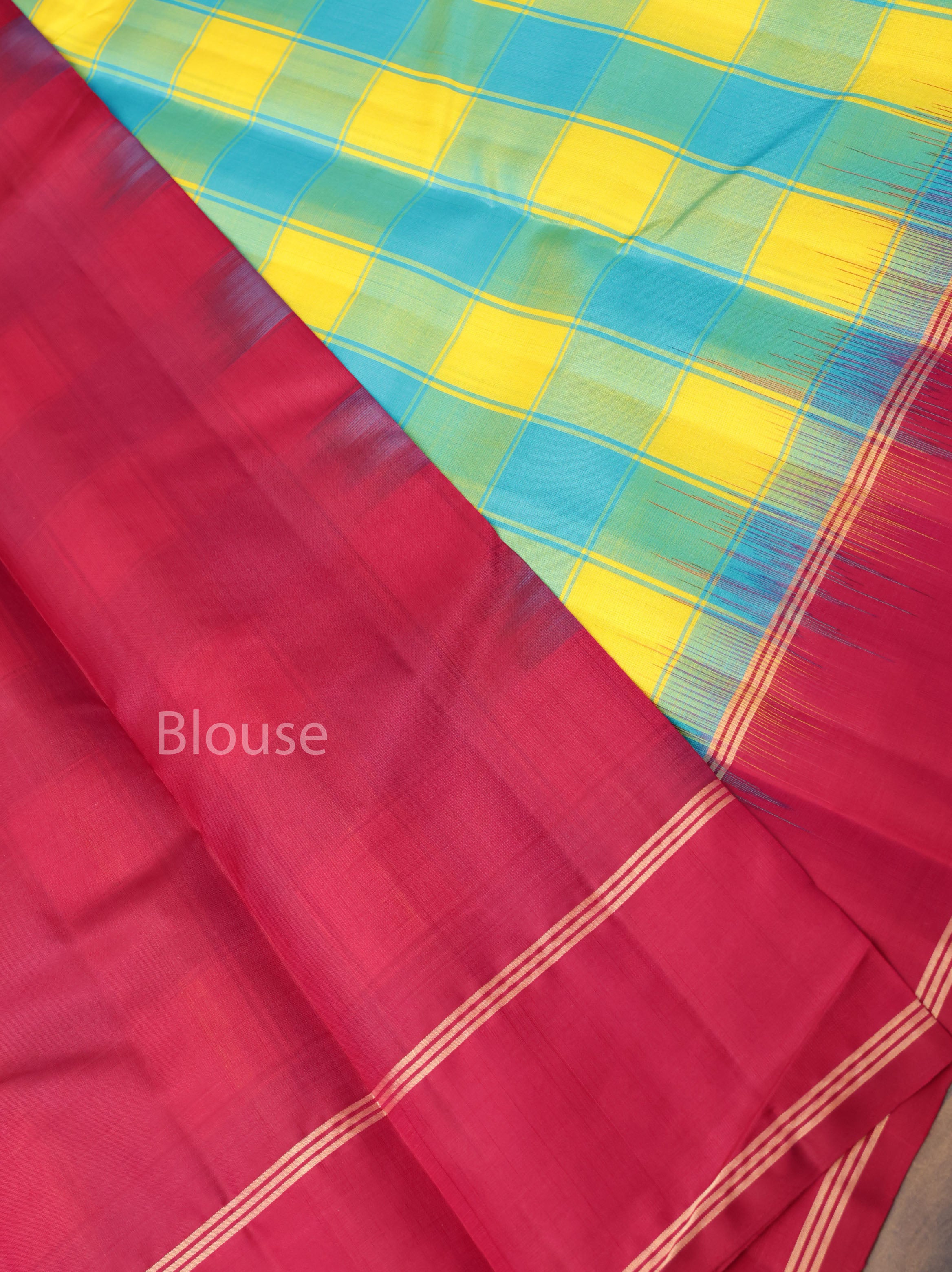 Yellow With Blue Kattam With Maroon Pure Kanchivaram Silk Saree