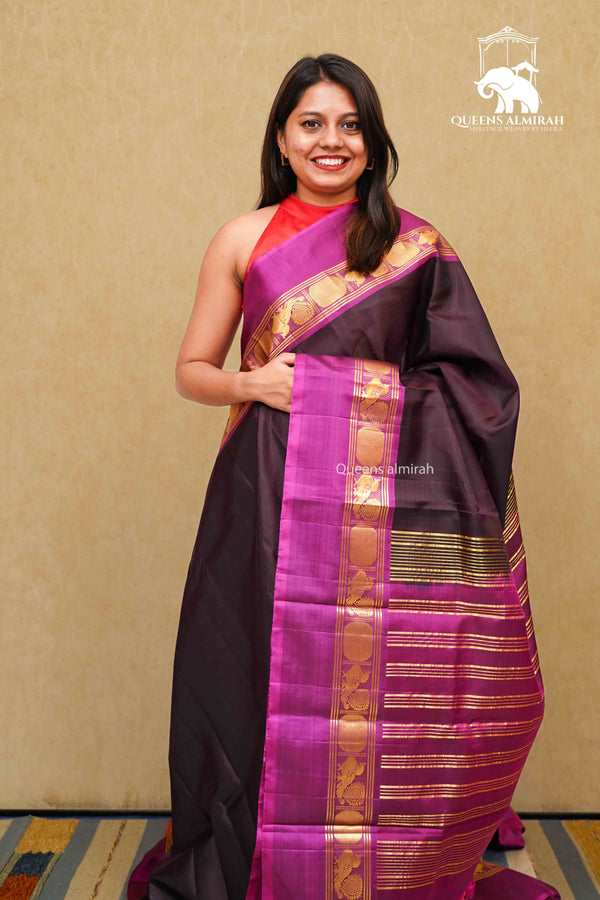 DARK CHOCOLATE WITH PURPLE JAM PURE KANCHIVARAM SILK SAREE - Queens Jewel Emporium