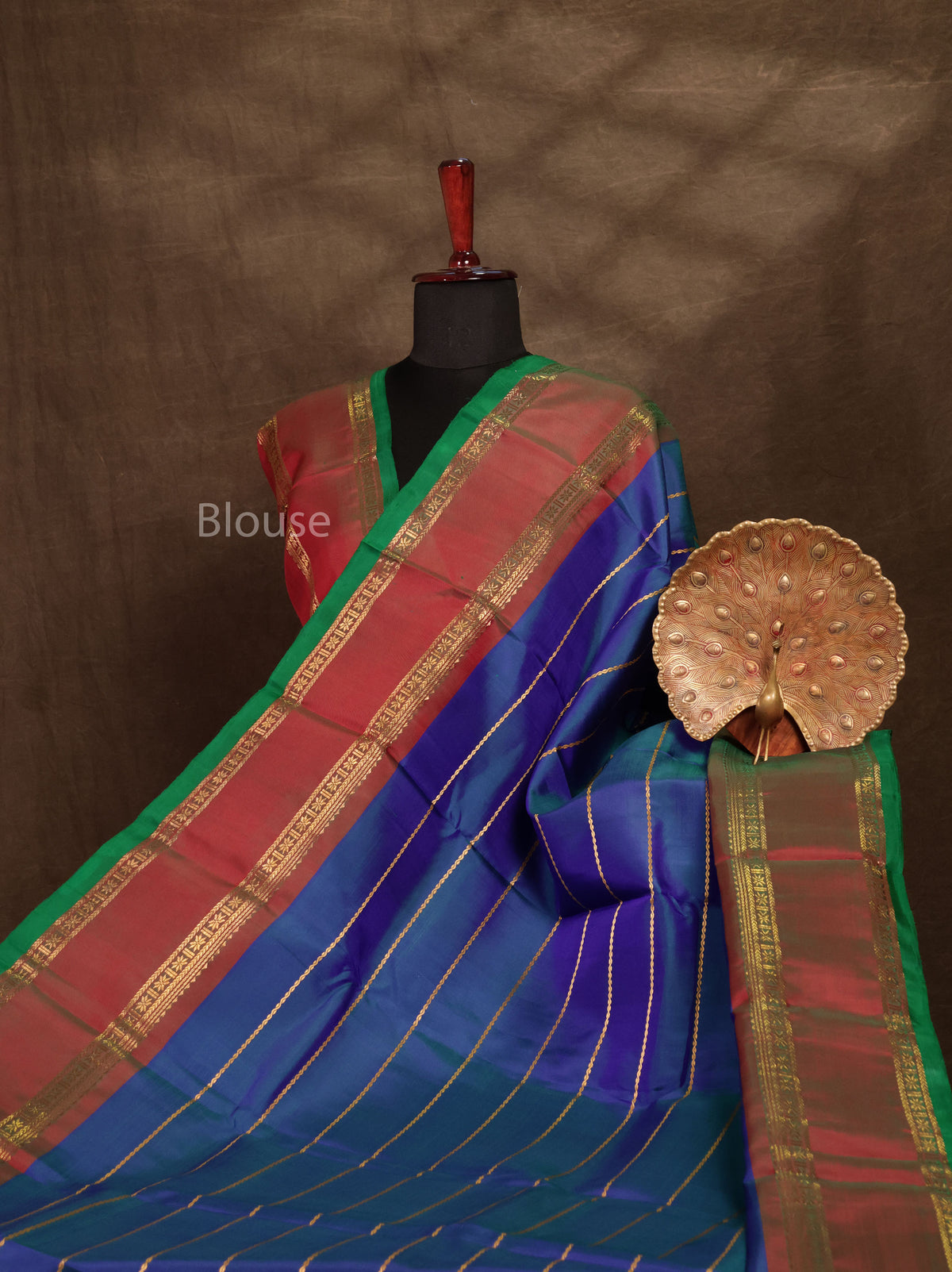 Peacock Blue With Brown Pure Kanchivaram Silk Saree
