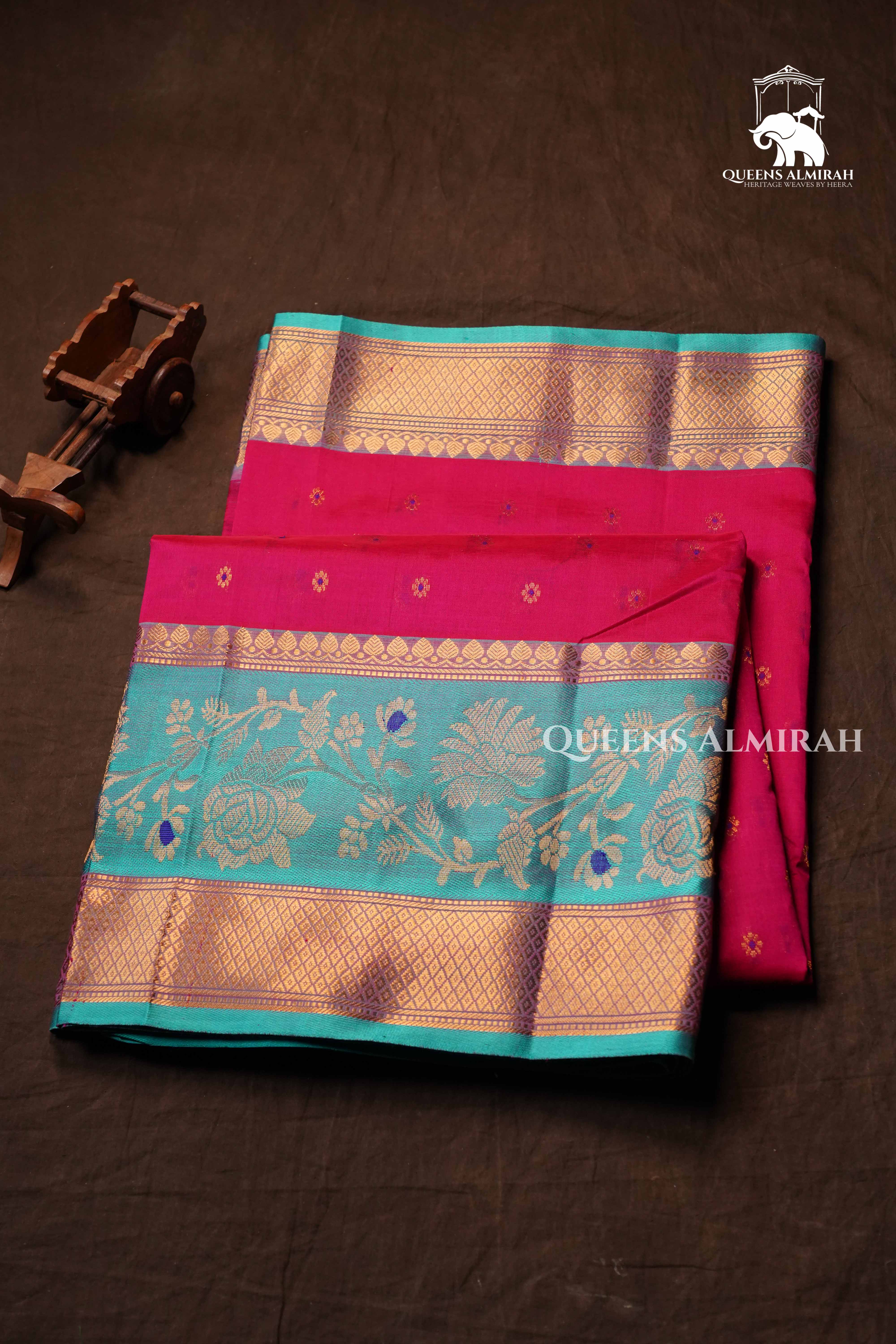 Magenta Pink With Sea Blue Pure Kanchi Silk Cotton Saree