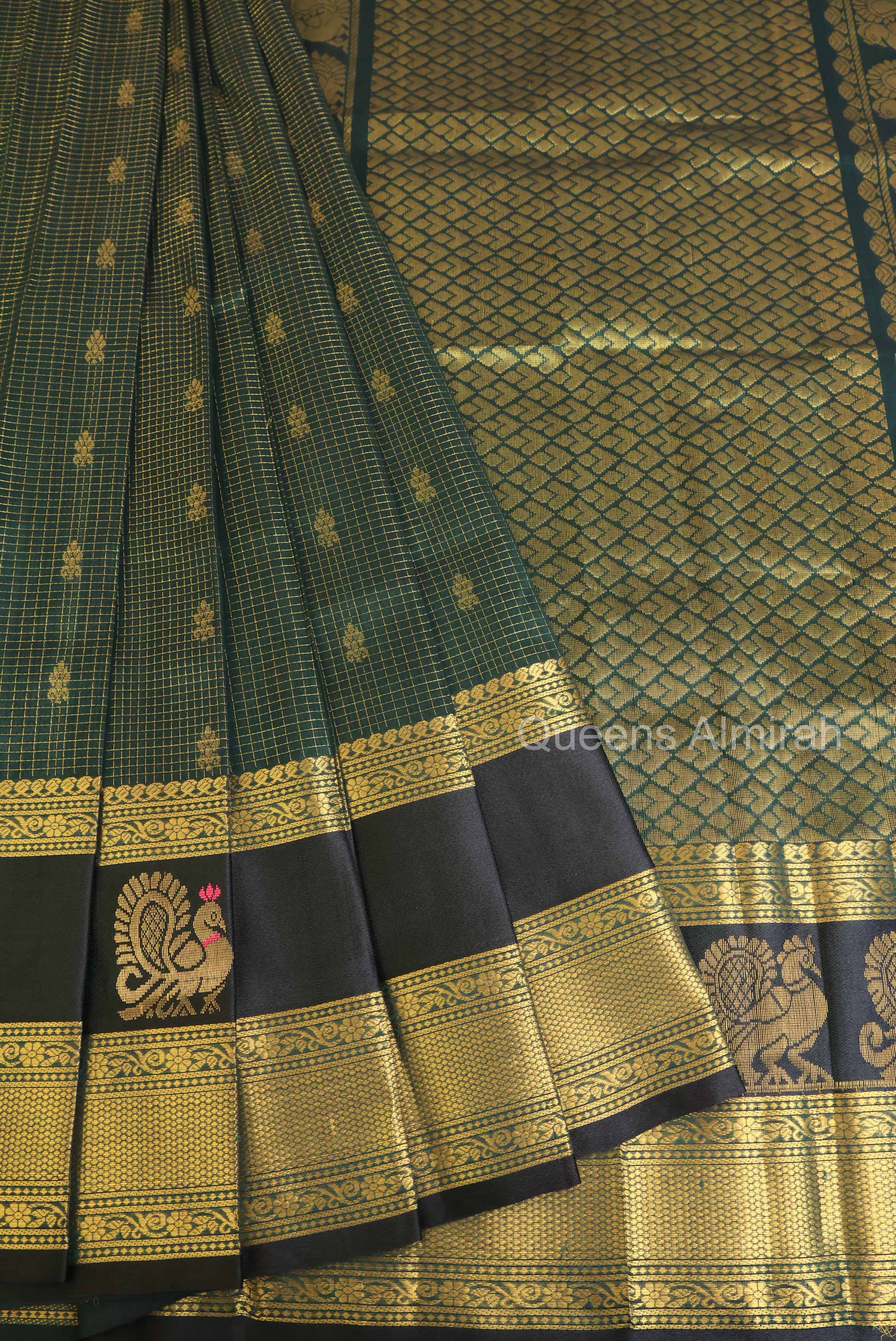 Dark Green Kattam Butta With Peacock Border Pure Silk Cotton Saree