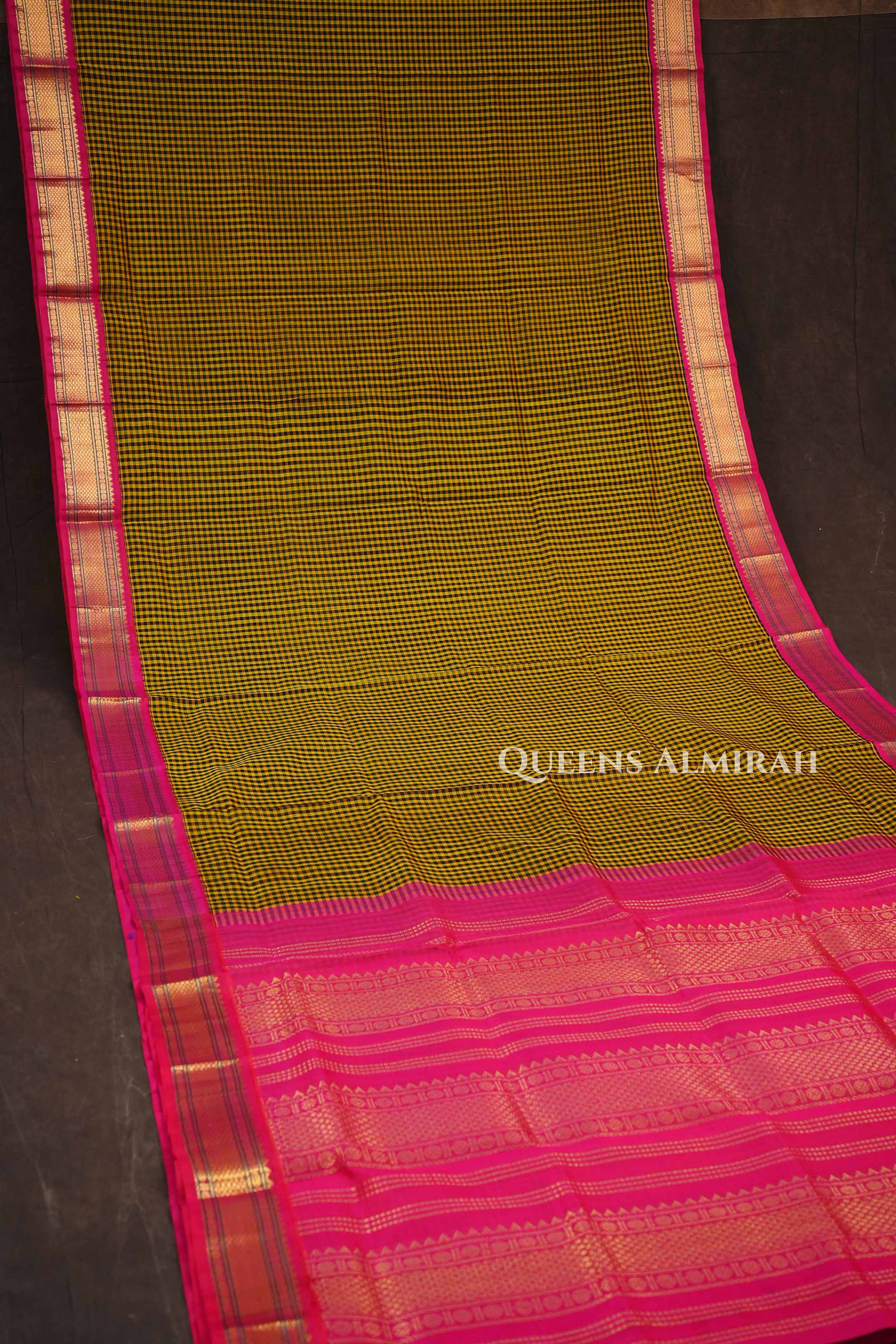 Mustard Yellow Checked With Pink Pure Silk Cotton Saree