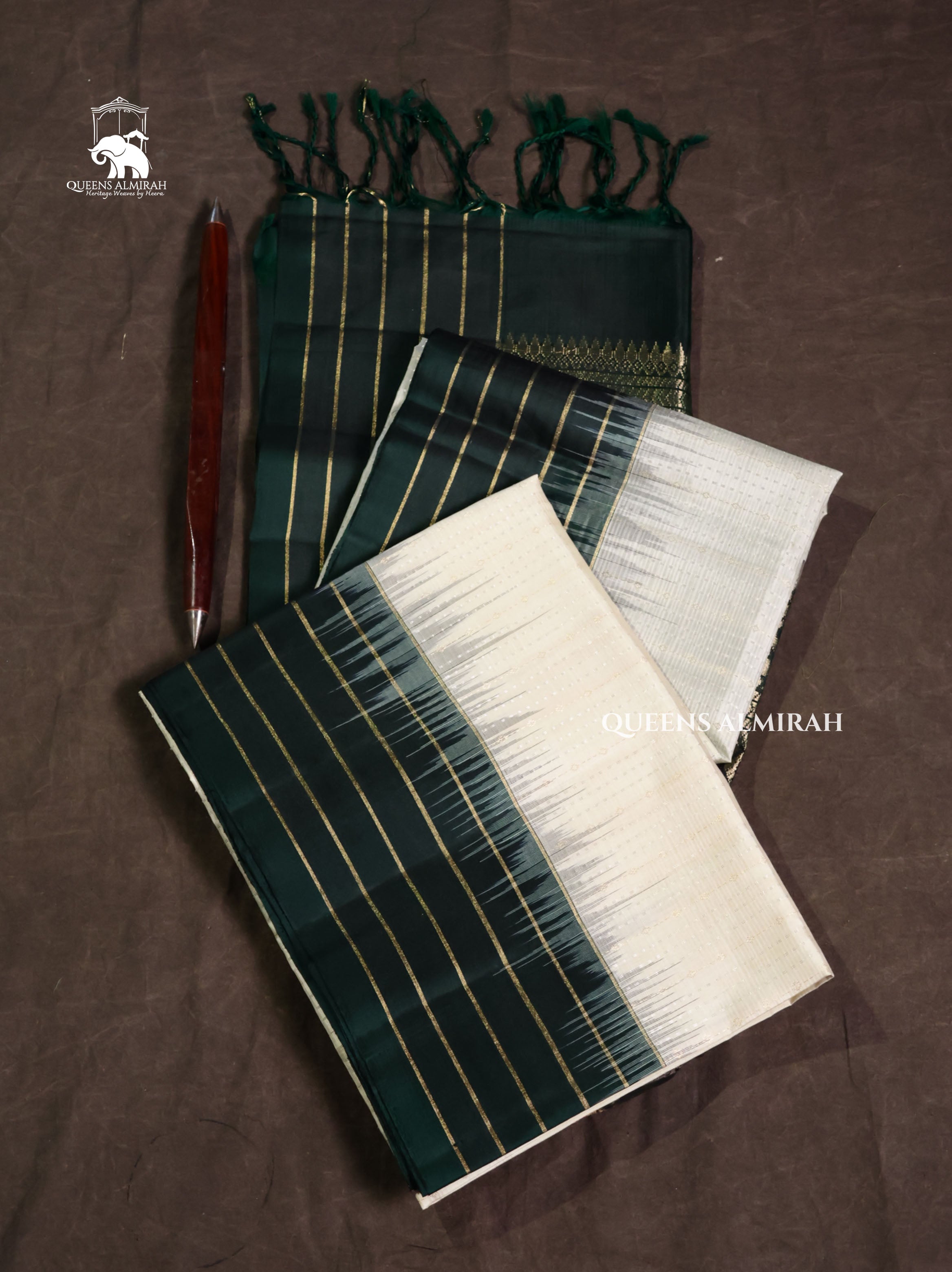 White With Drak Green Pure Soft Silk Saree