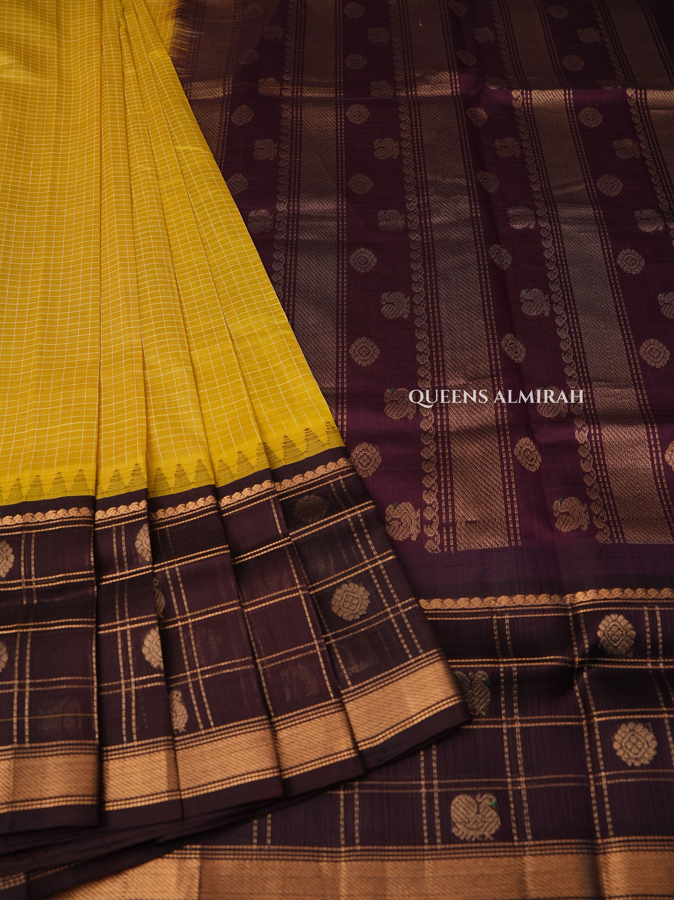 Yellow With Brown Pure Silk Cotton Saree