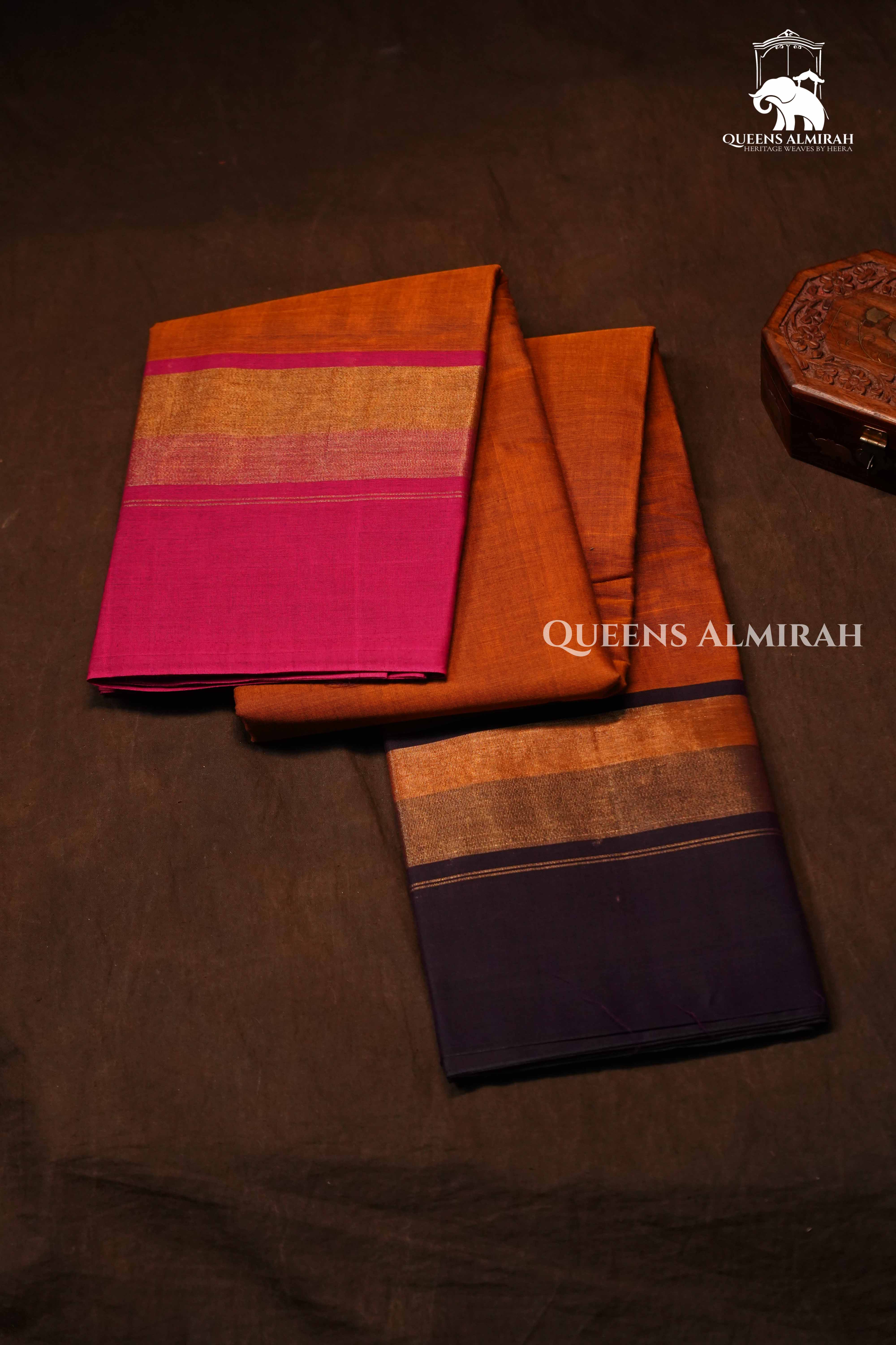 Dusky Orange With Pink And Coffee Bean Chettinad Cotton Saree