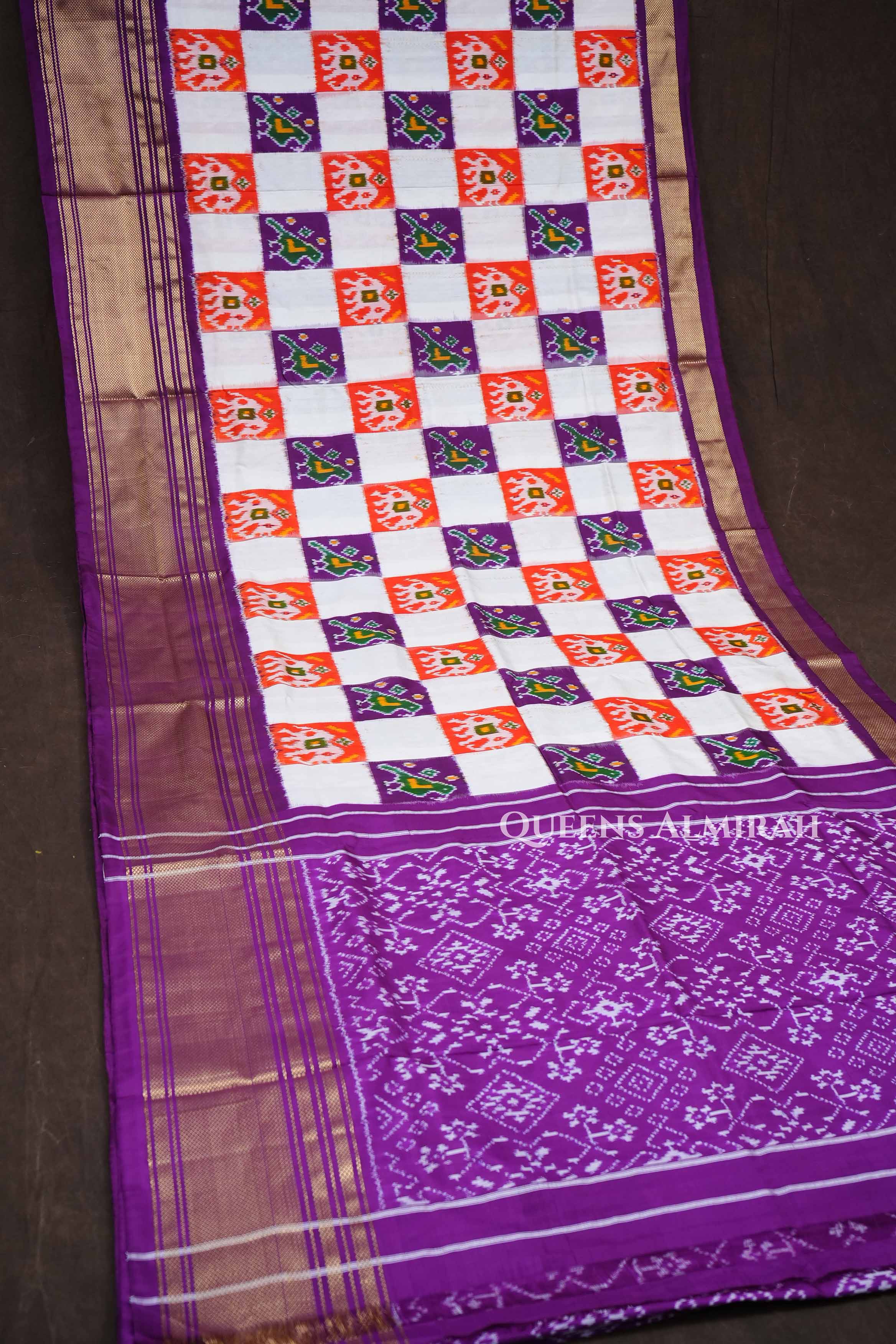 White With Purple Checkerboard Pochampally Pure Ikat Silk Saree