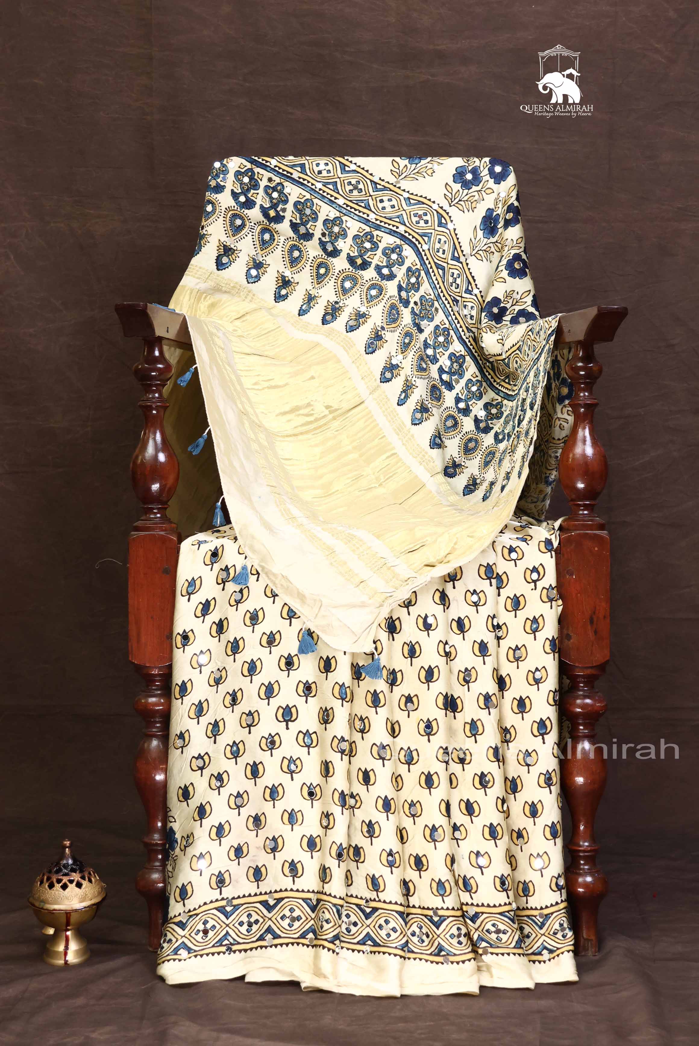 Off White Lotus Motif Mirror Work Ajrakh Modal Silk Saree