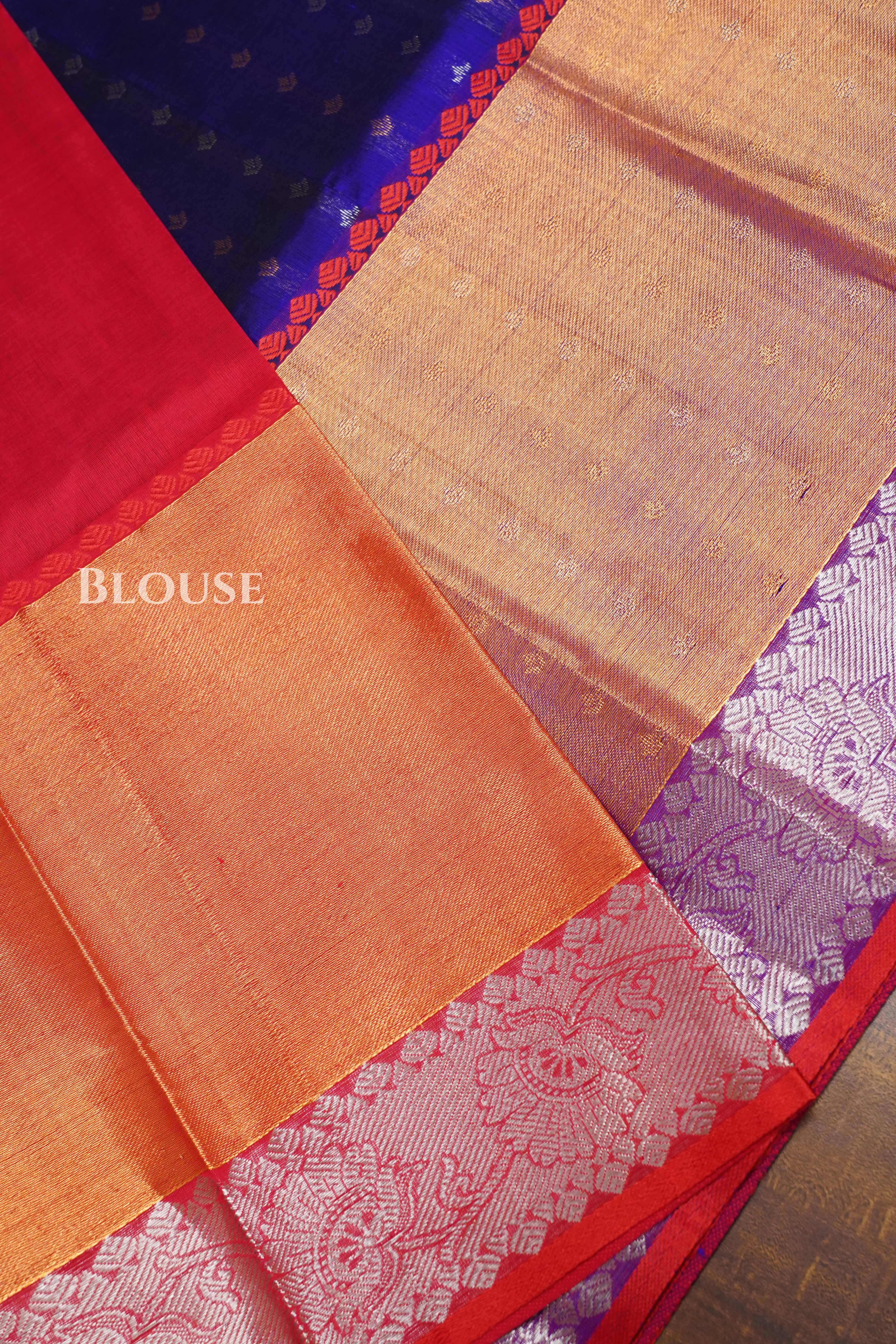 Royal Blue With Red Pure Kanchi Silk Cotton Saree