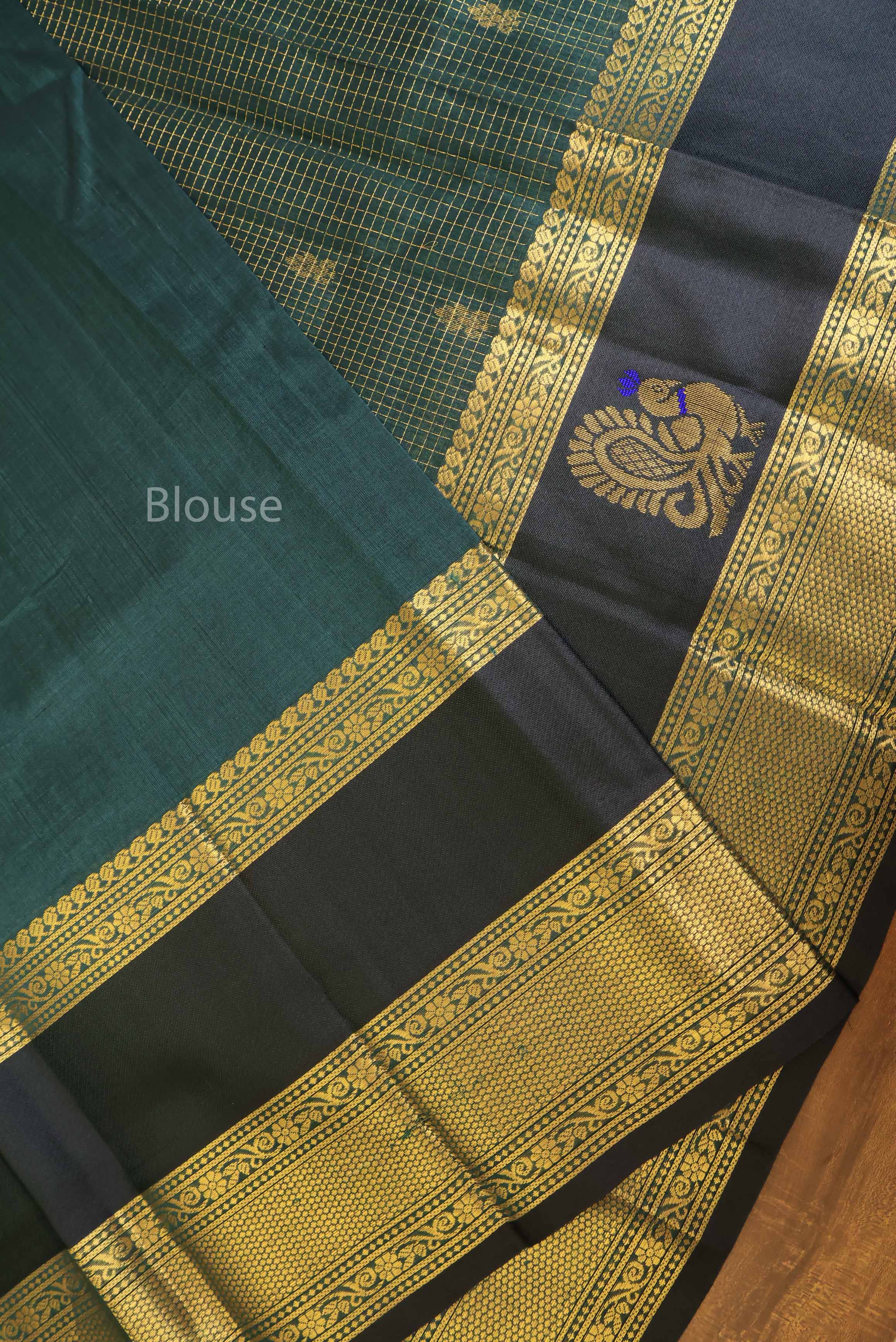 Dark Green Kattam Butta With Peacock Border Pure Silk Cotton Saree