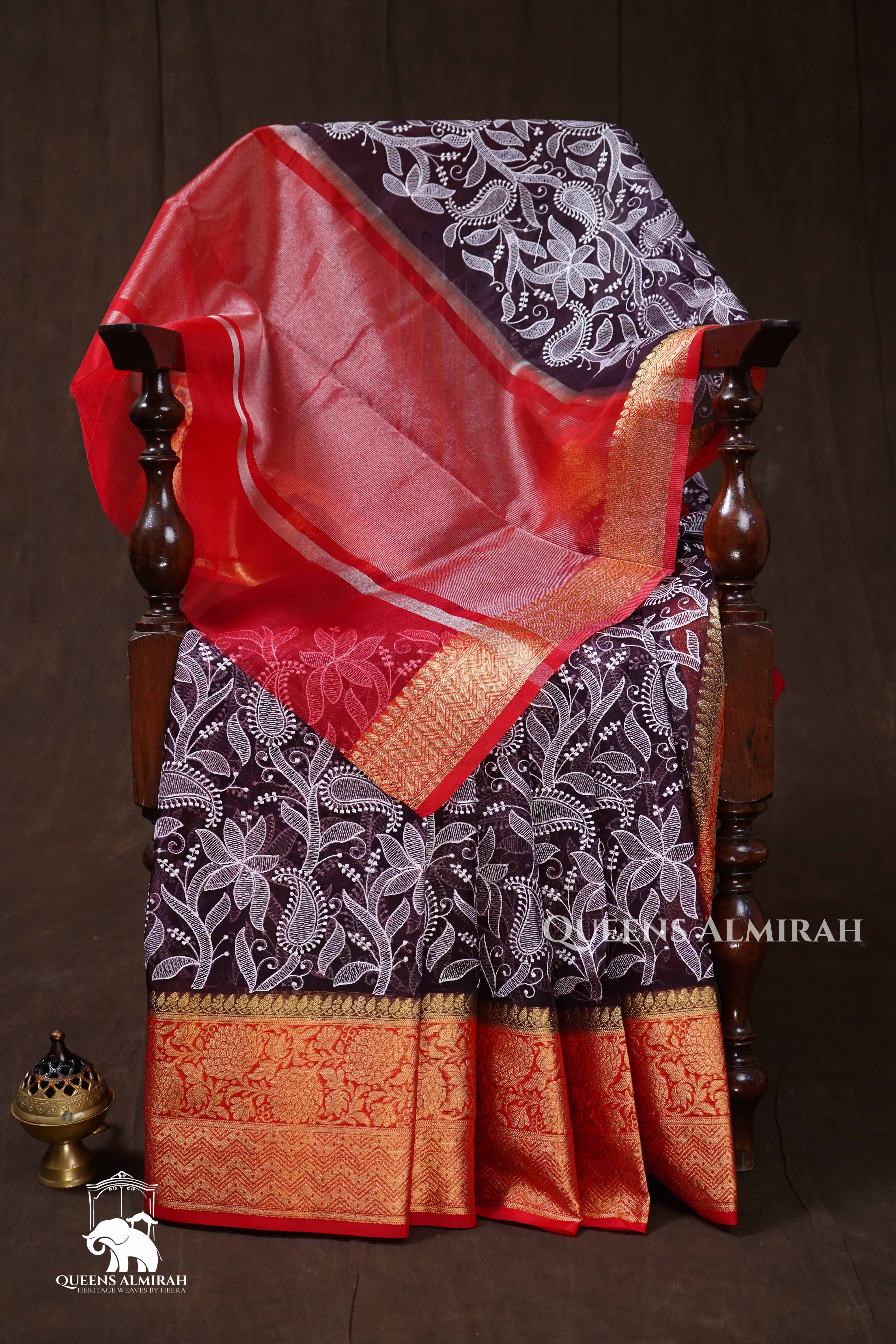 Cocoa Bean With Red Semi Banarasi Silk Saree