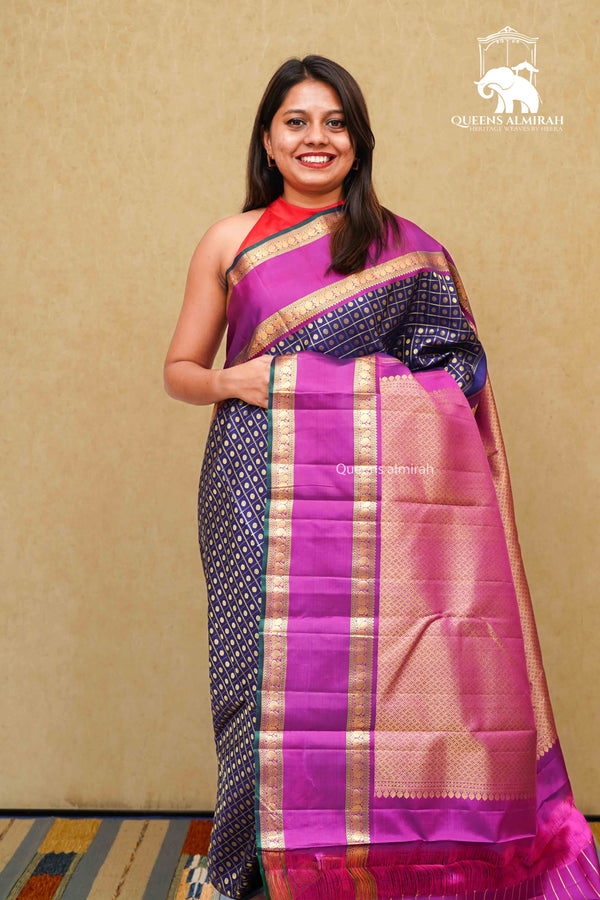 BLUE BERRY WITH GRAPE PURPLE  PURE KANCHIVARAM SILK SAREE - Queens Jewel Emporium
