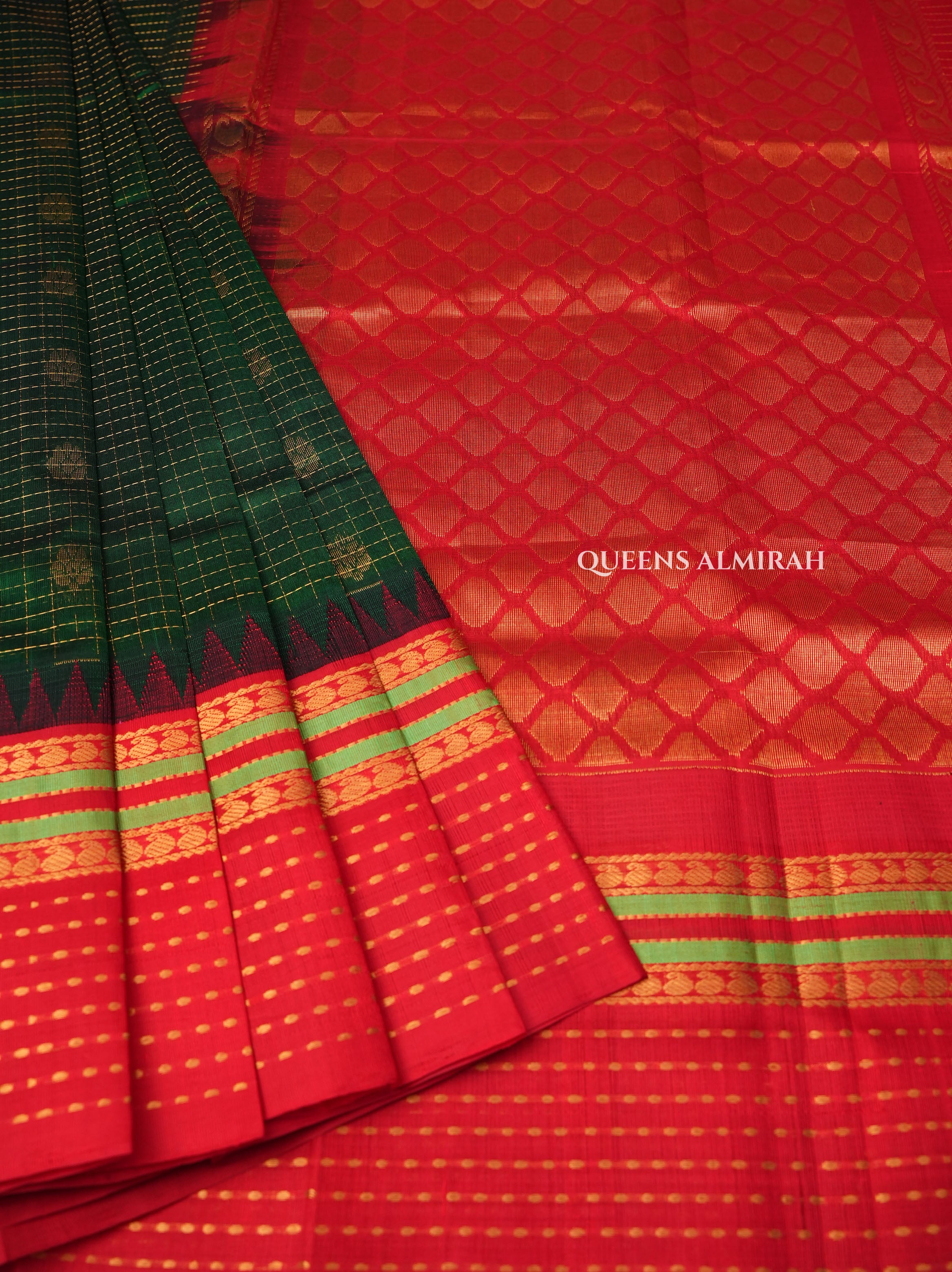 Emerald Green With Red Pure Silk Cotton Saree