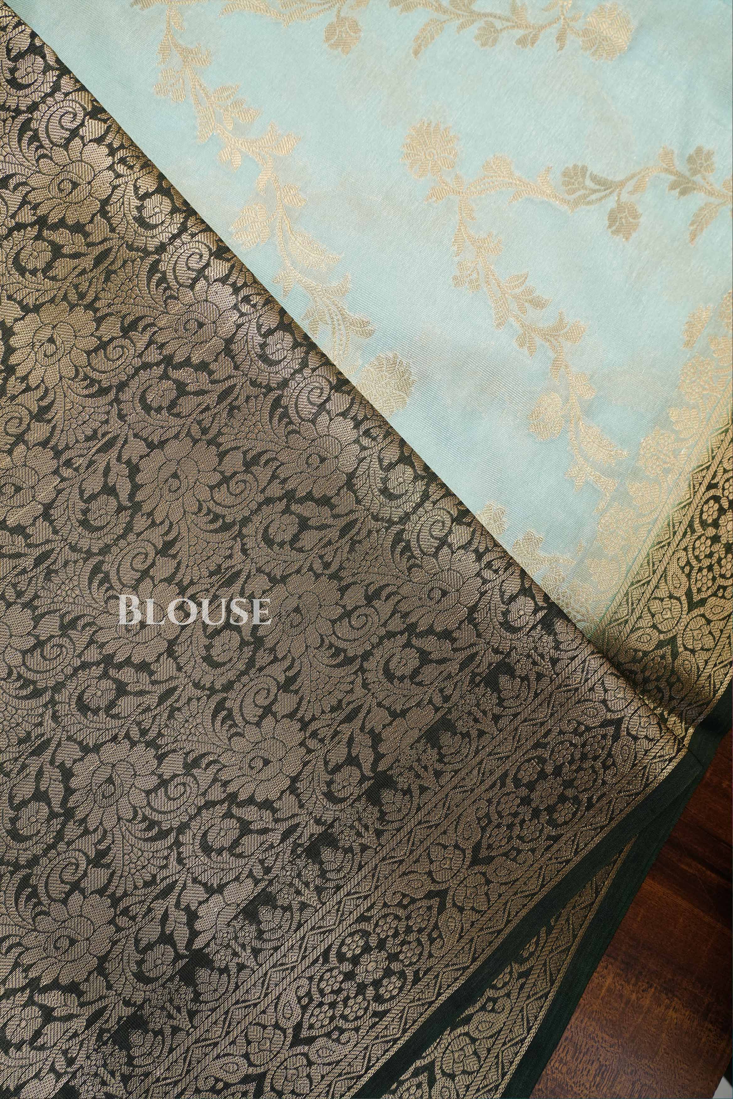 Ice Blue With Green Banarasi Silk Saree