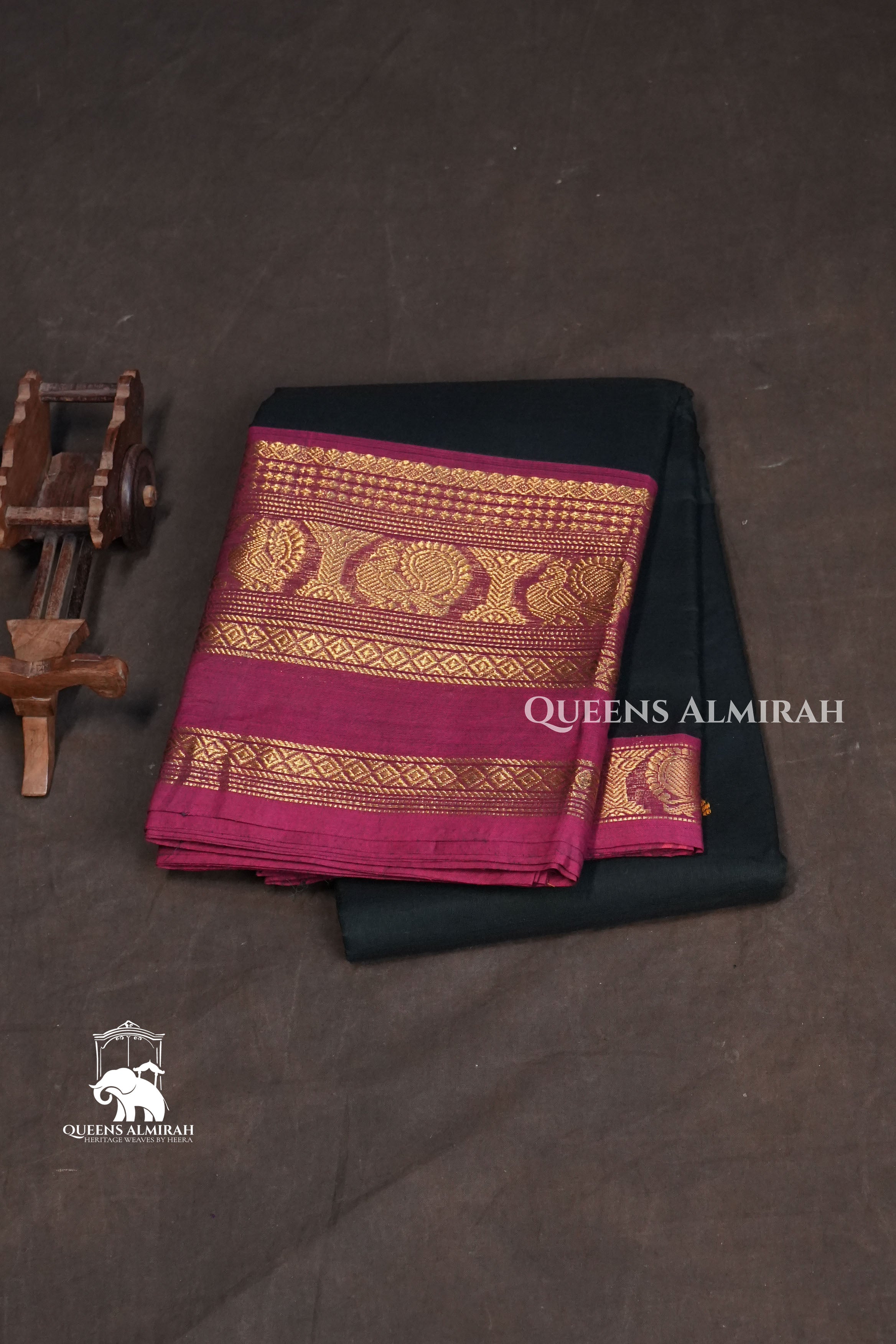 Black with Rani Pink Kanchi Cotton Saree