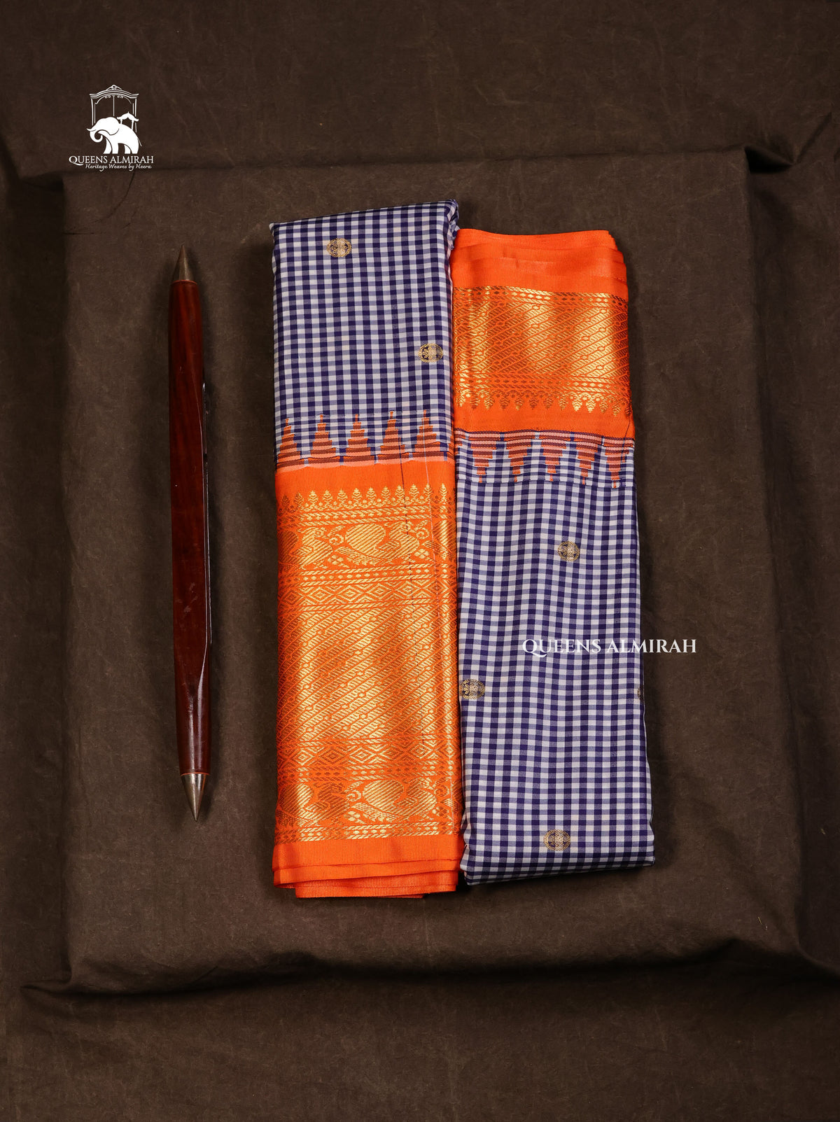 Blue Kattam With Orange Semi Gadwal Silk Saree