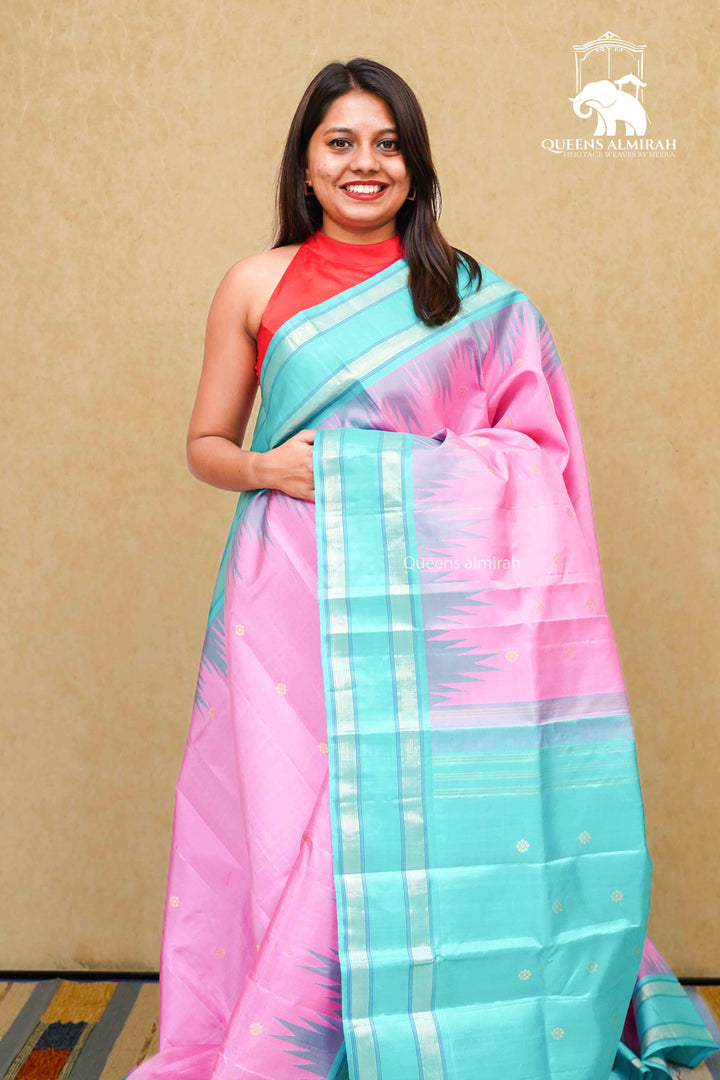 ROSE MILK PINK WITH BLUE GREEN PURE KANCHIVARAM SILK SAREE - Queens Jewel Emporium