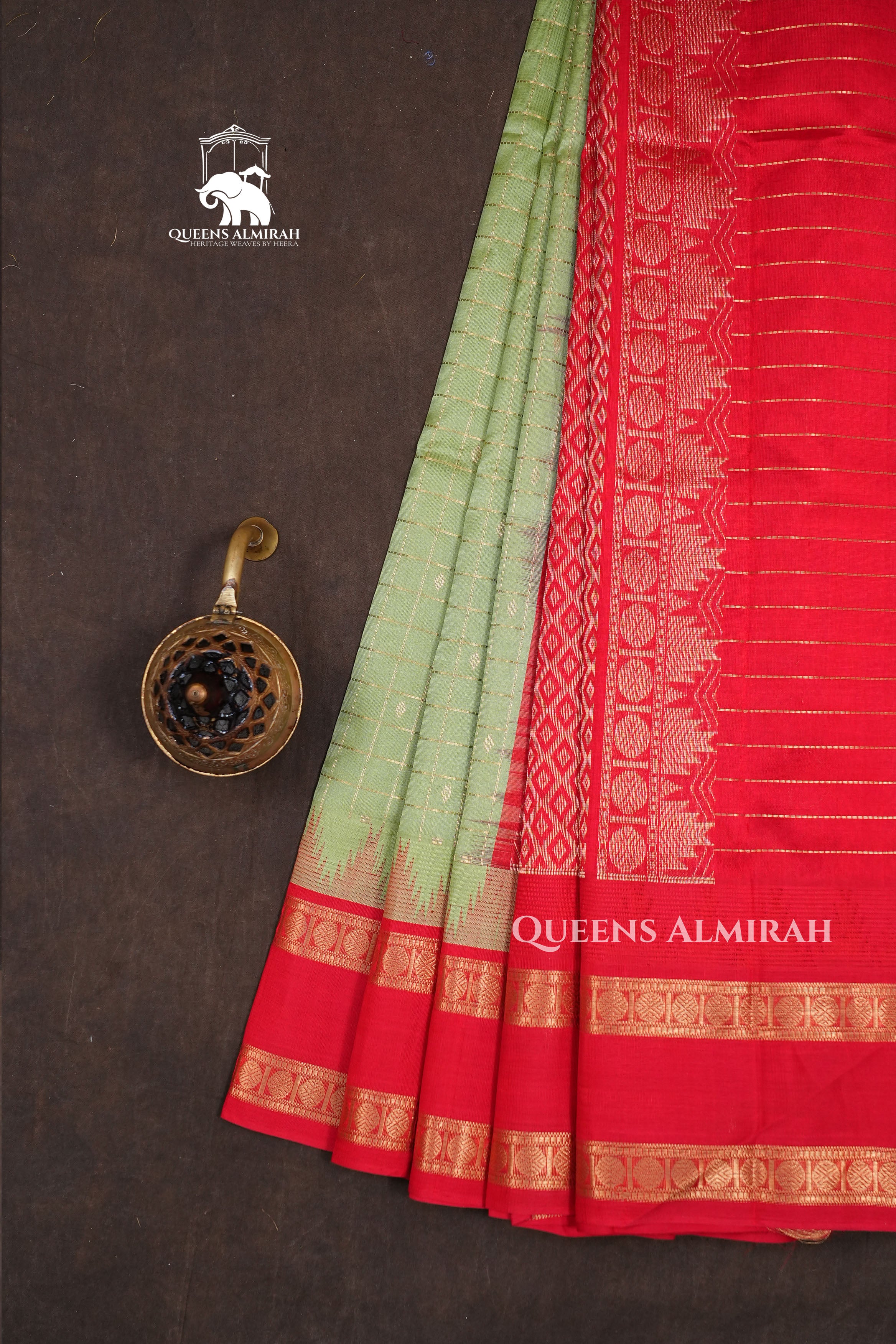 Light Green Kattam With Red Pure Silk Cotton Saree