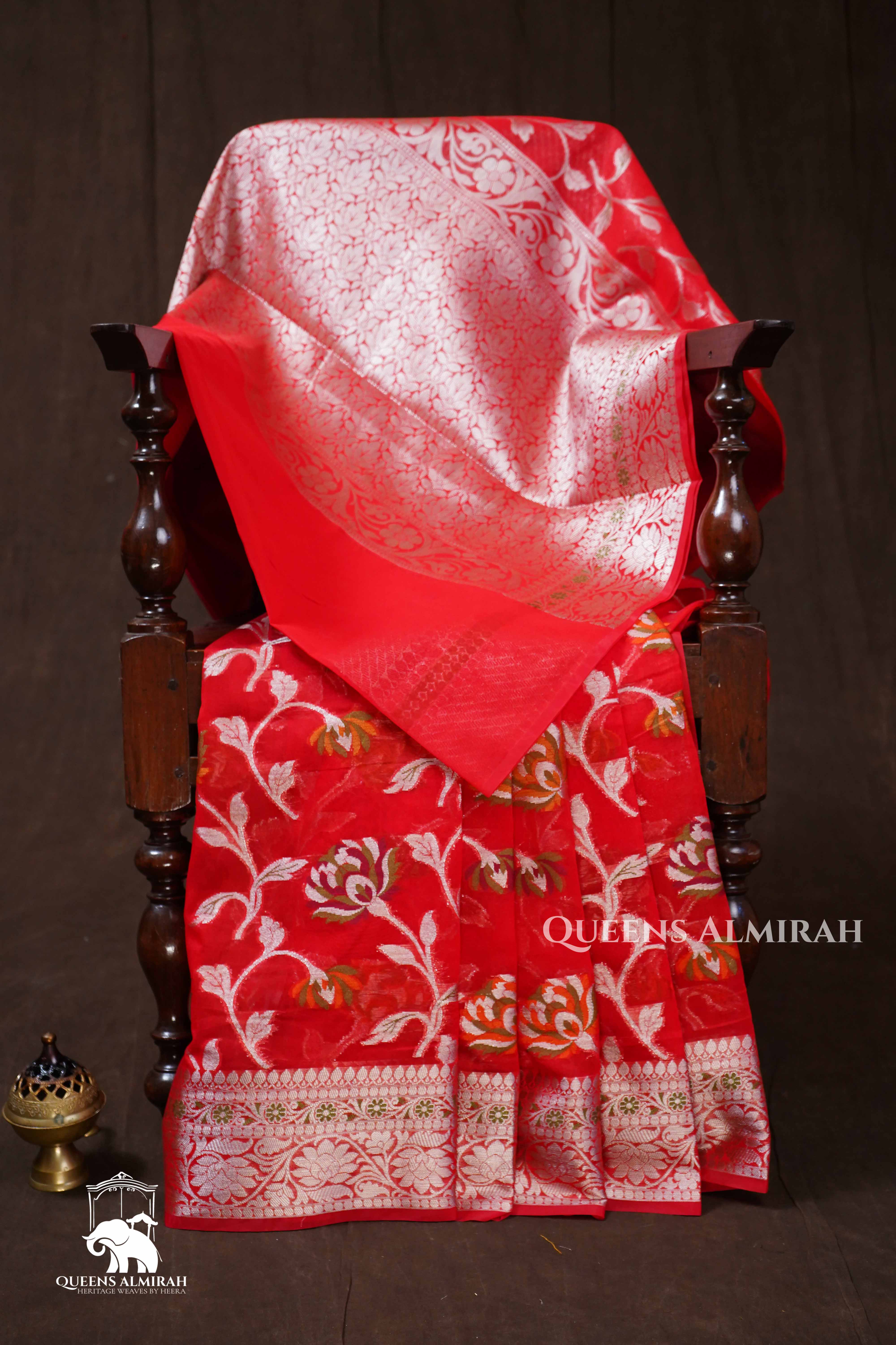 Red Semi Banarasi Silk Saree