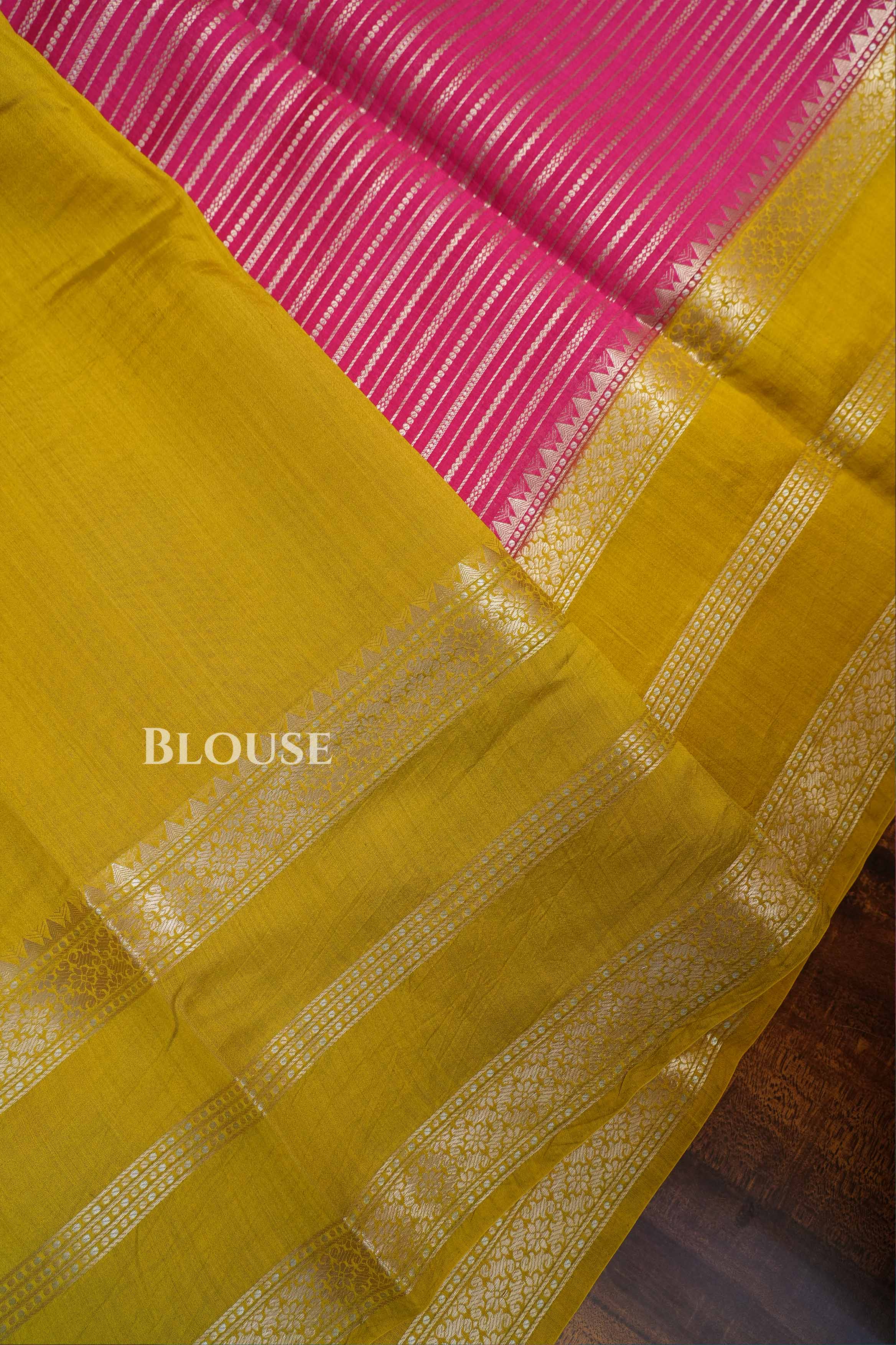 Pink With Mustard Brown Chiniya Silk Saree