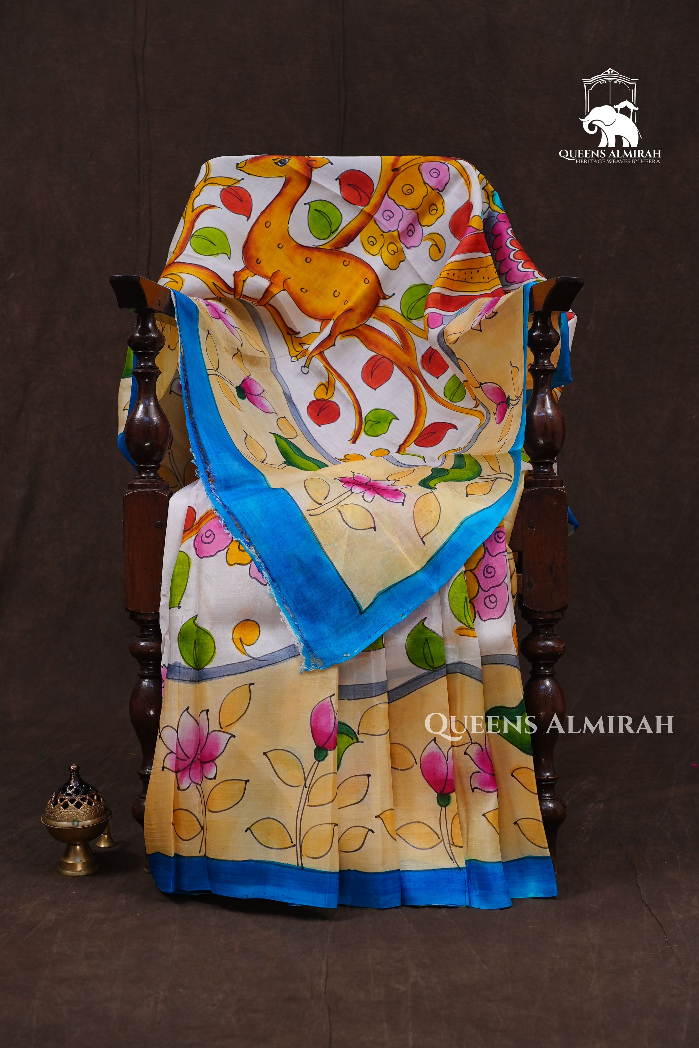 White Handpainted Floral Pure Tussar Silk Saree