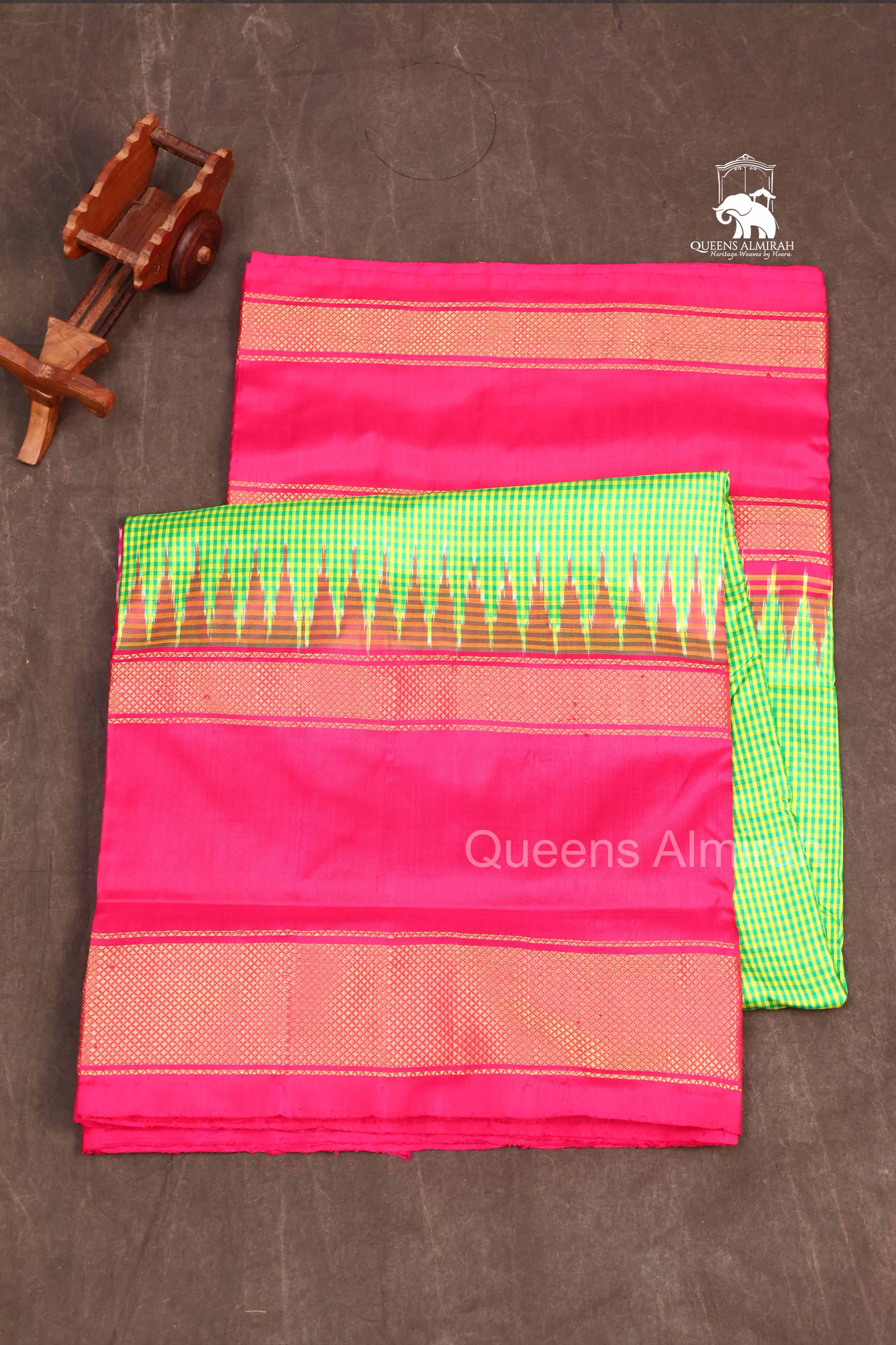 Parrot Green Checks With Magenta Pink Pure Ikat Silk Saree