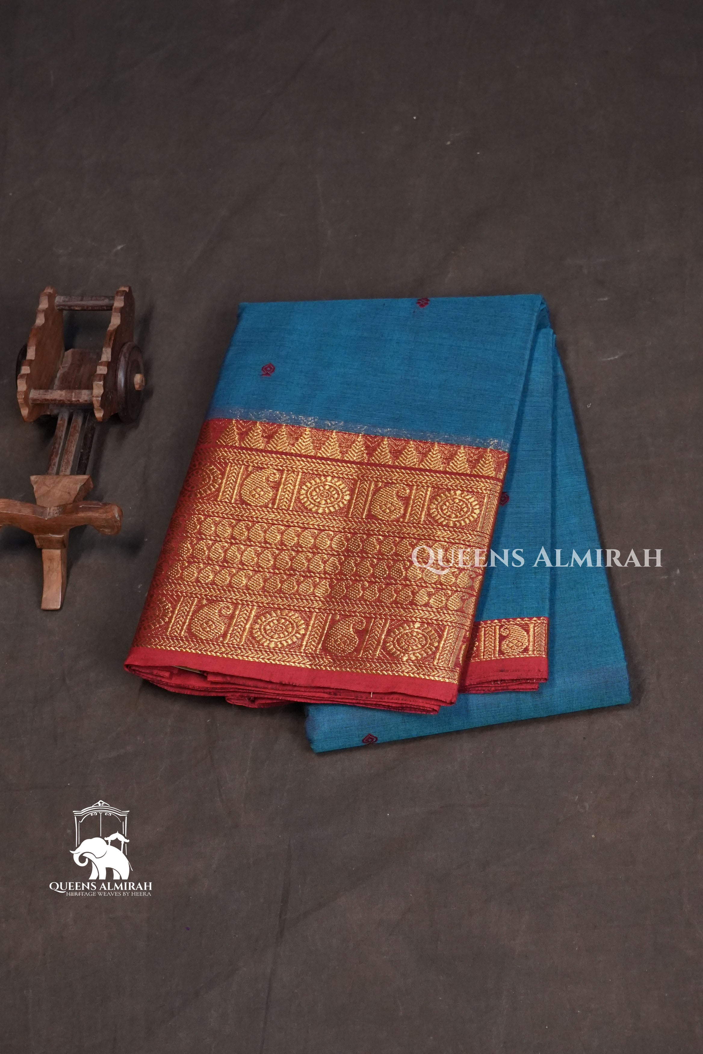 Bright turquoise blue with light orange Kanchi Cotton Saree