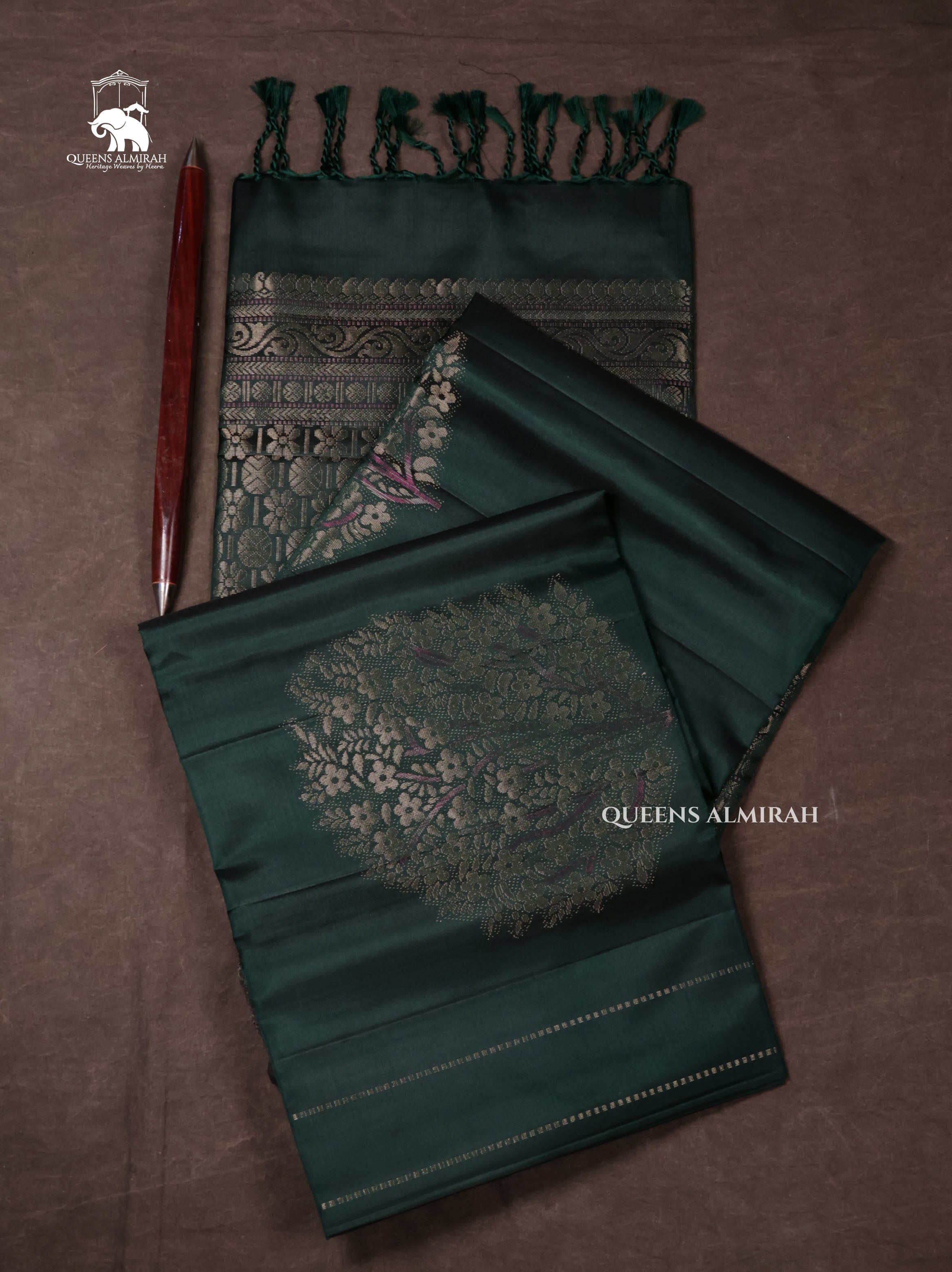 Dark Bottle Green Pure Soft Silk Saree