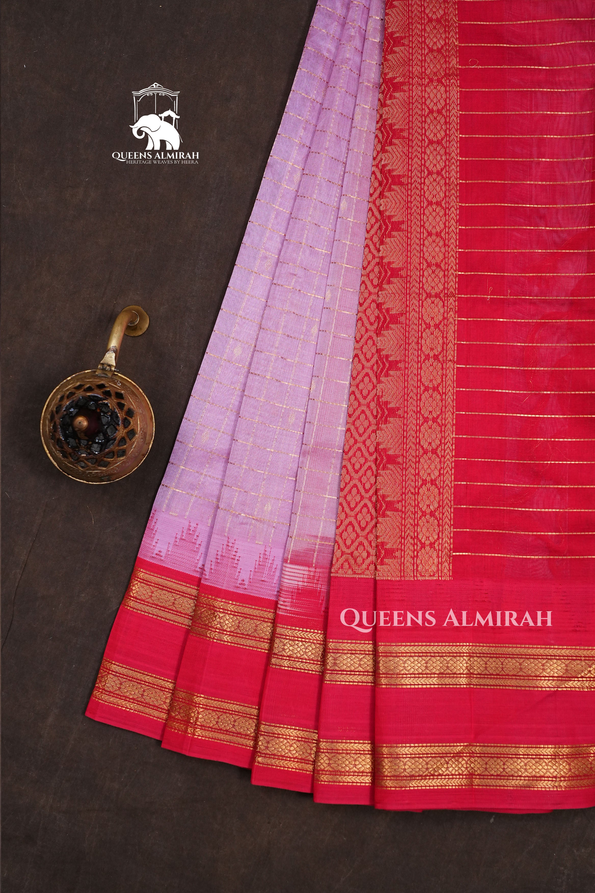 Pink Kattam With Red Rettapet Border Pure Silk Cotton Saree