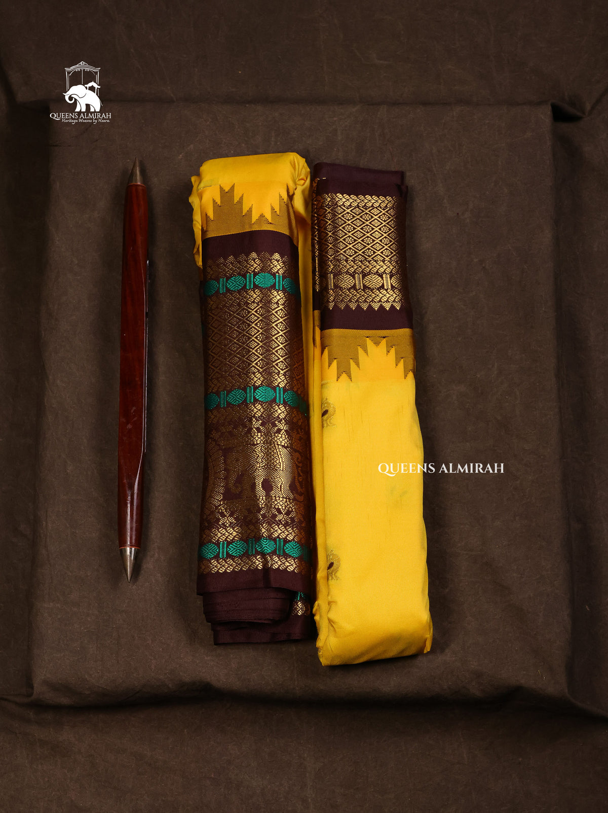 Yellow With Brown Semi Gadwal Silk Saree