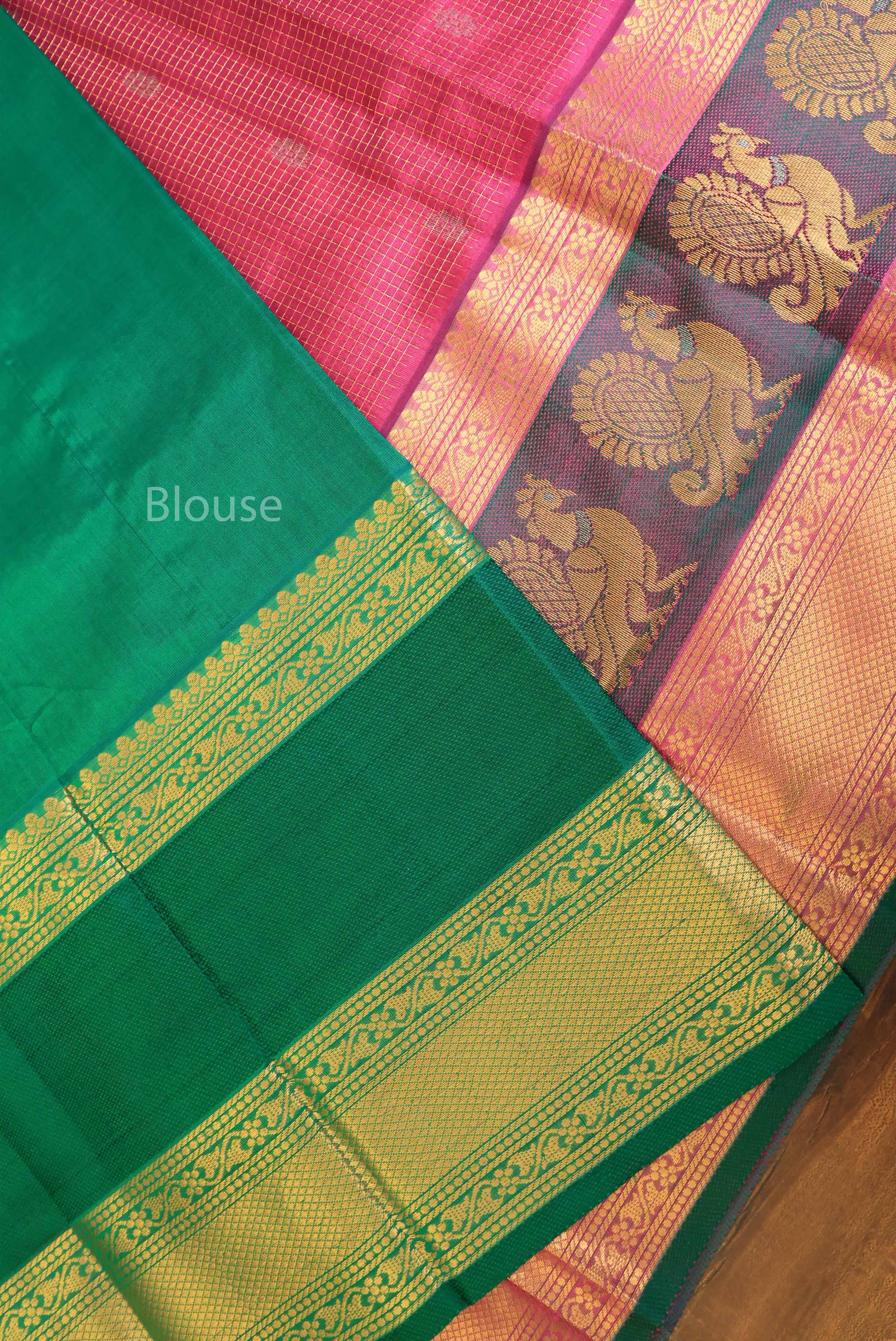 Purple With Kattam Butta With Green Peacock Border Pure Silk Cotton Saree