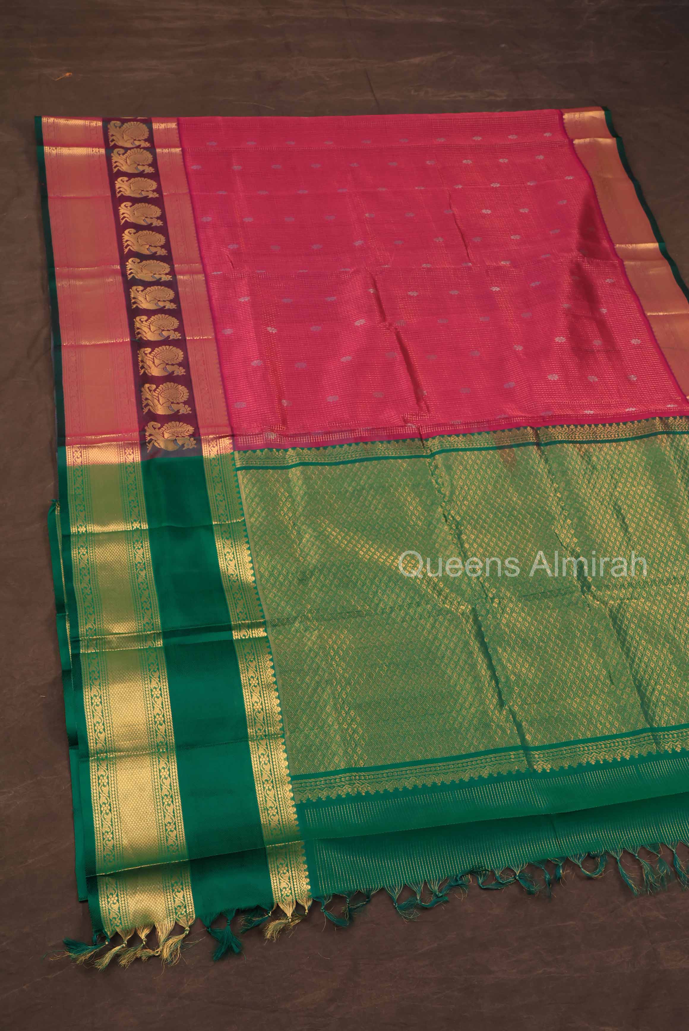Purple With Kattam Butta With Green Peacock Border Pure Silk Cotton Saree