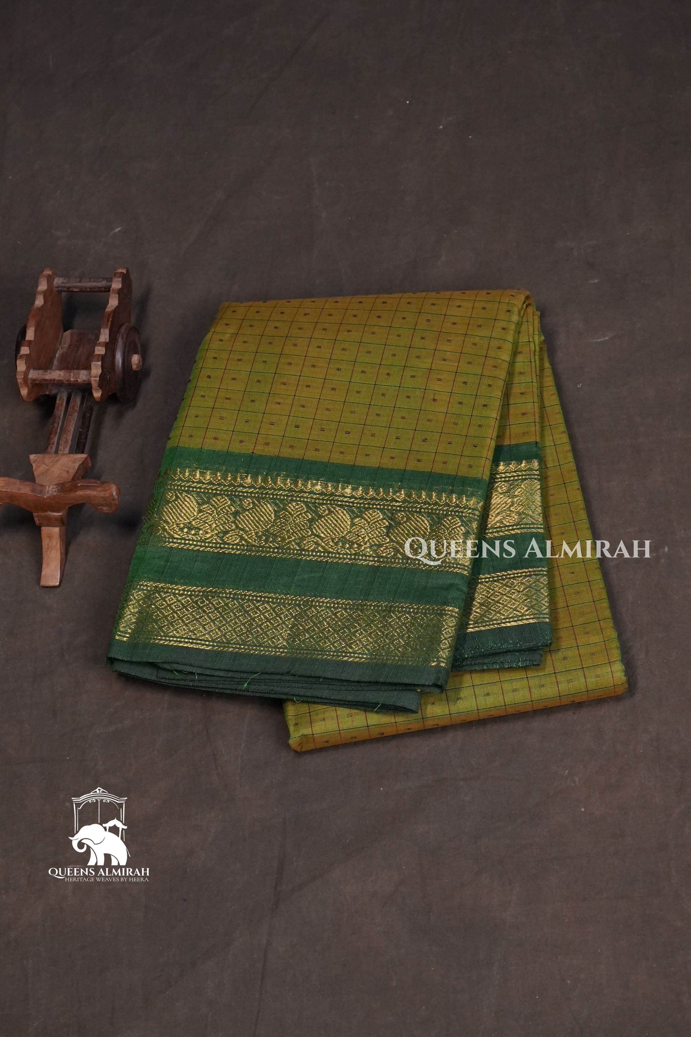 Lime‑yellow, teal‑green, gold Kanchi Cotton Saree
