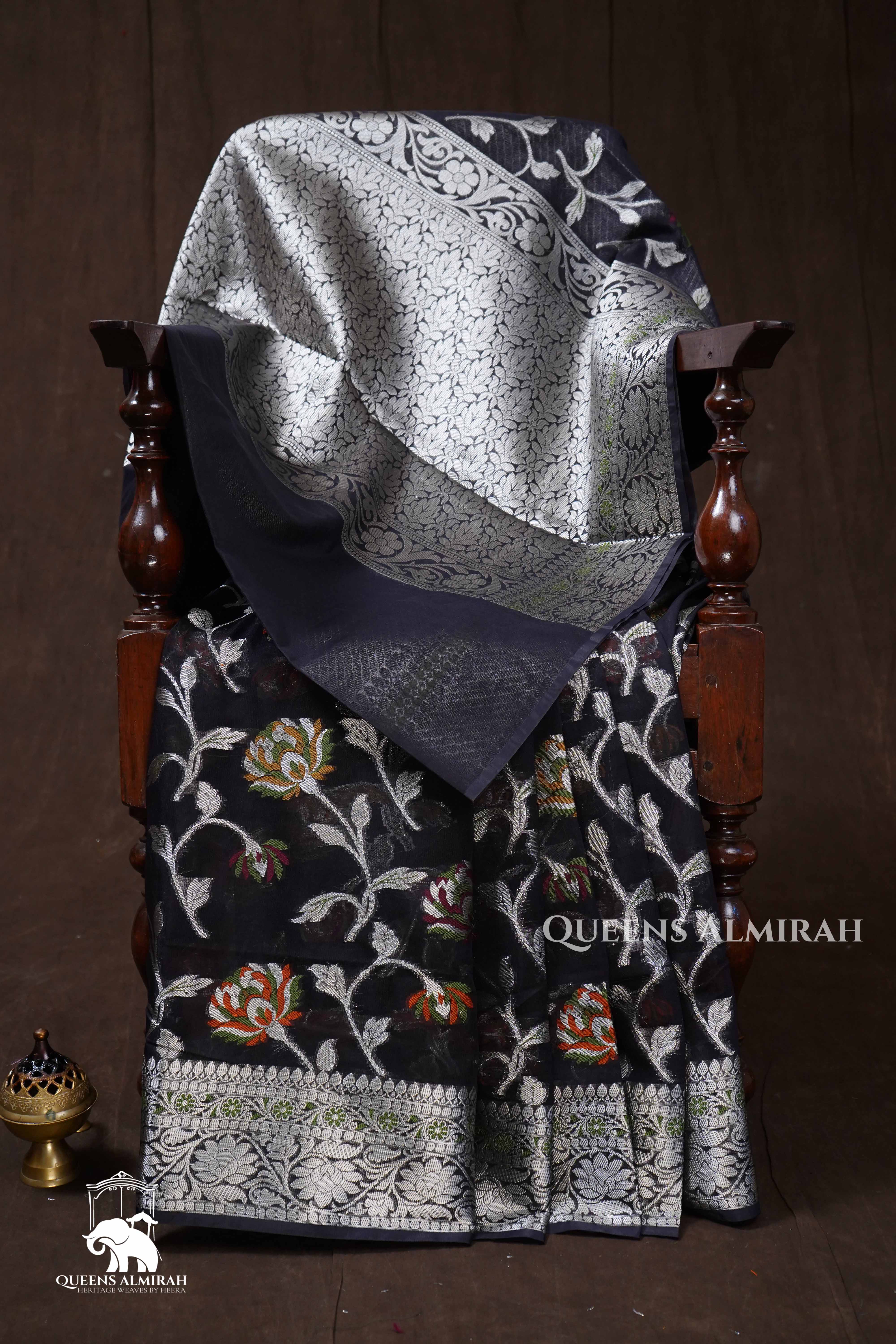 Black Semi Banarasi Silk Saree