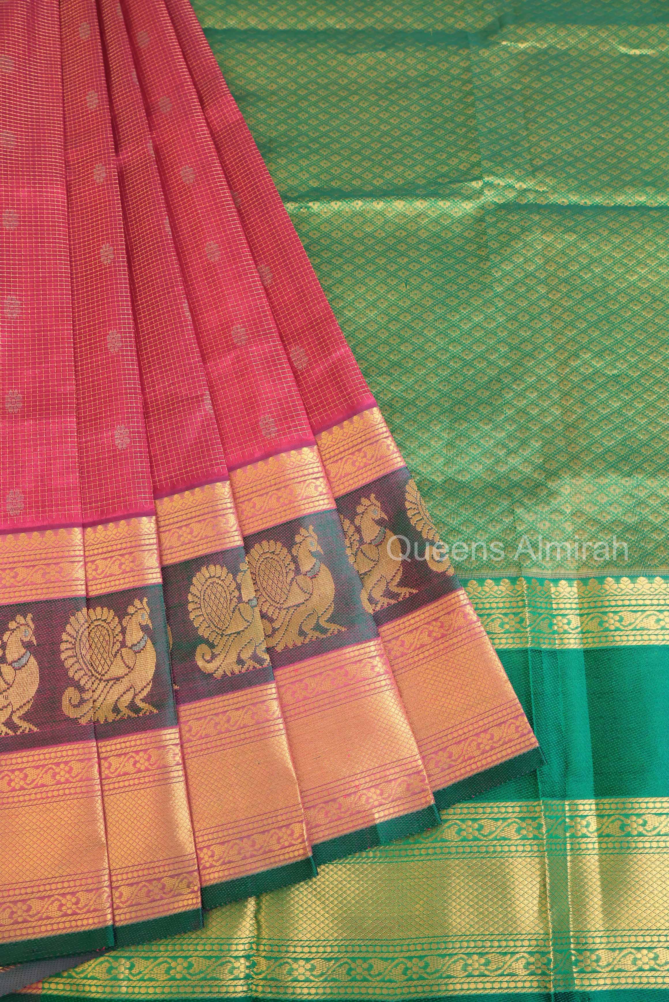 Purple With Kattam Butta With Green Peacock Border Pure Silk Cotton Saree