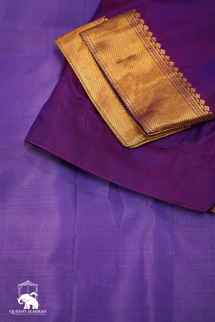 BRIGHT LAVENDAR WITH GOLD BORDER KANCHIVARAM SILK SAREE - Queens Jewel Emporium