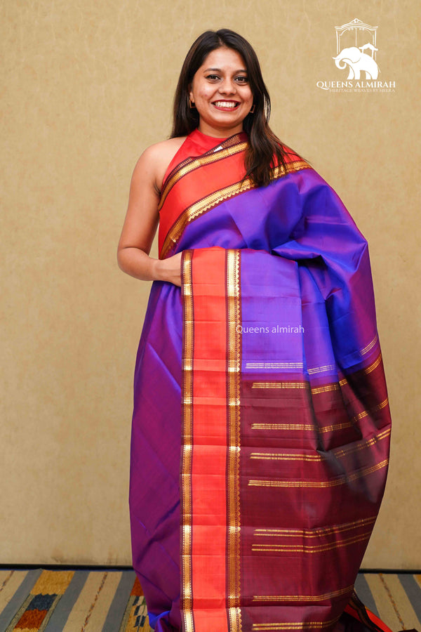 BRINJAL PURPLE WITH CORAL RED PURE KANCHIVARAM SILK SAREE - Queens Jewel Emporium