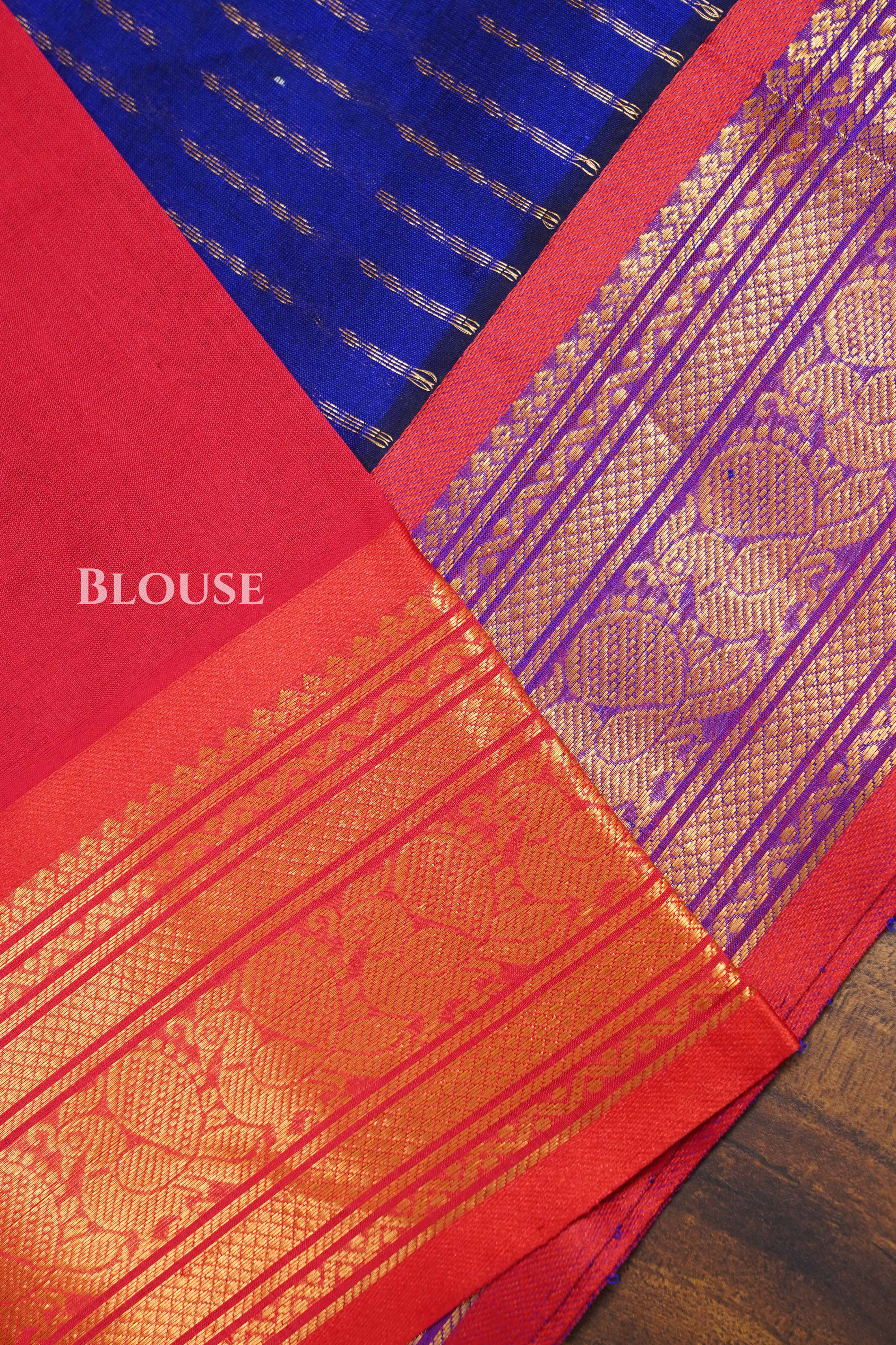Navy Blue With Red Pure Silk Cotton Saree