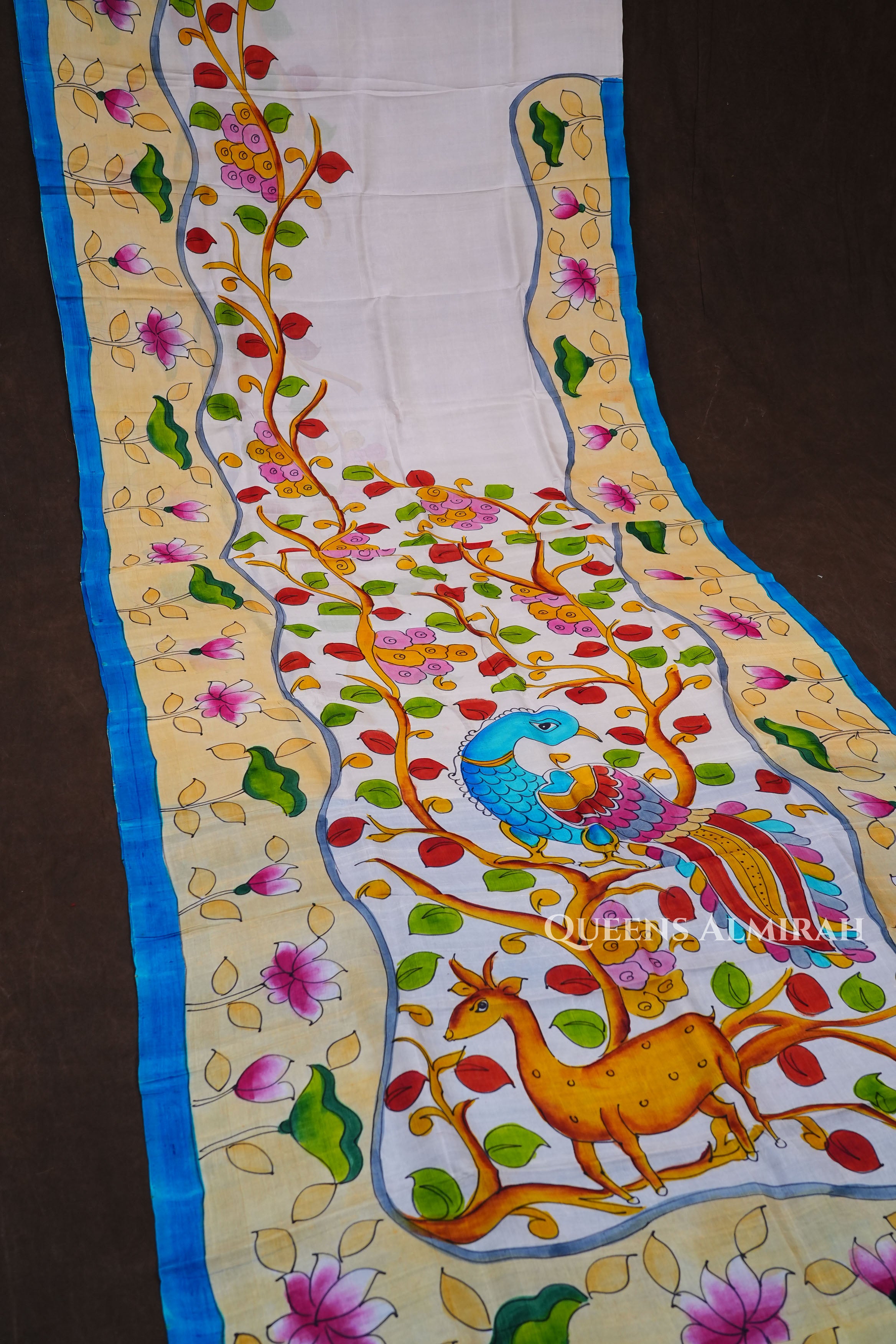 White Handpainted Floral Pure Tussar Silk Saree