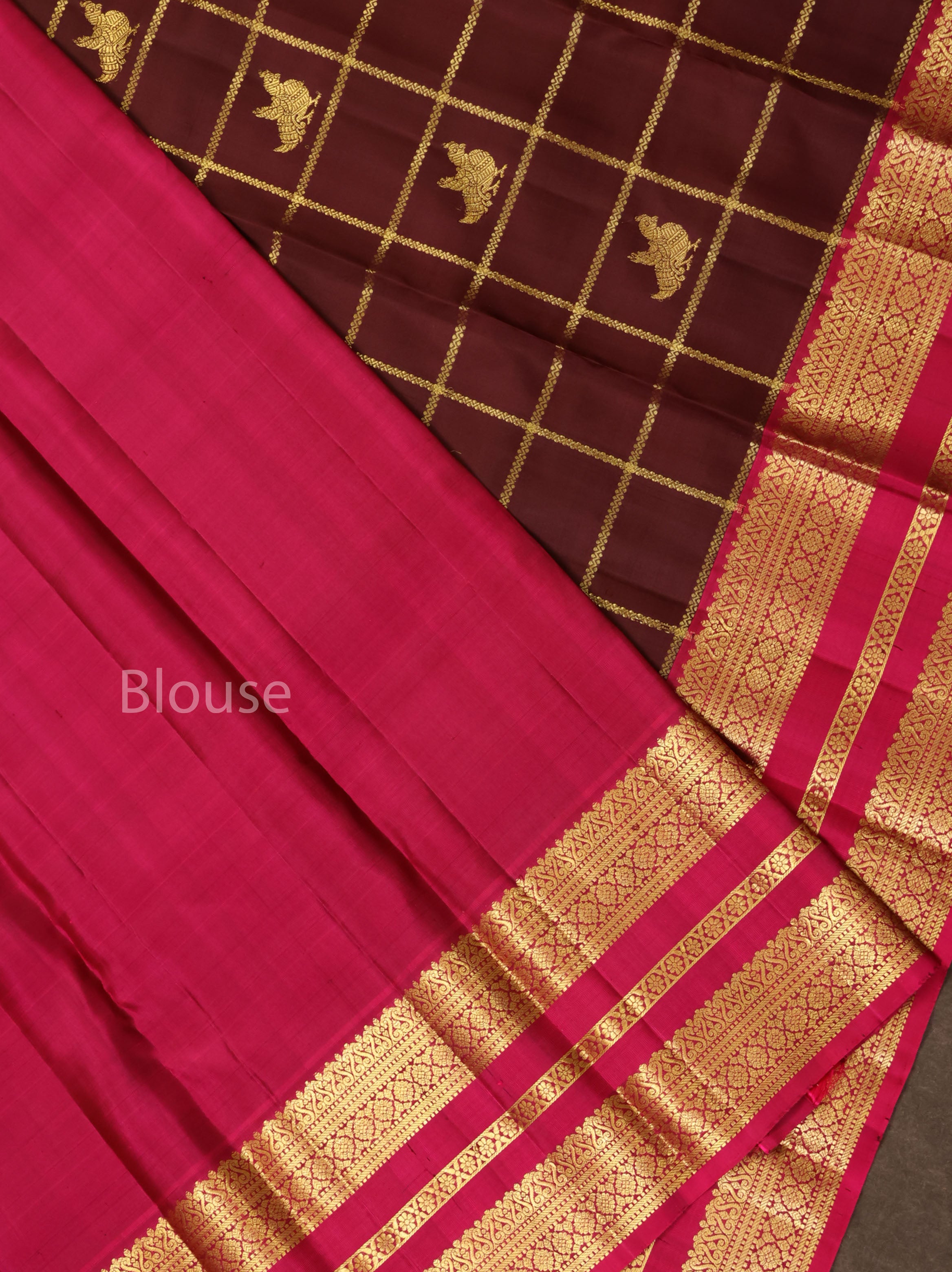Cocoa Bean Brown With Rani Pink Pure Kanchivaram Silk Saree