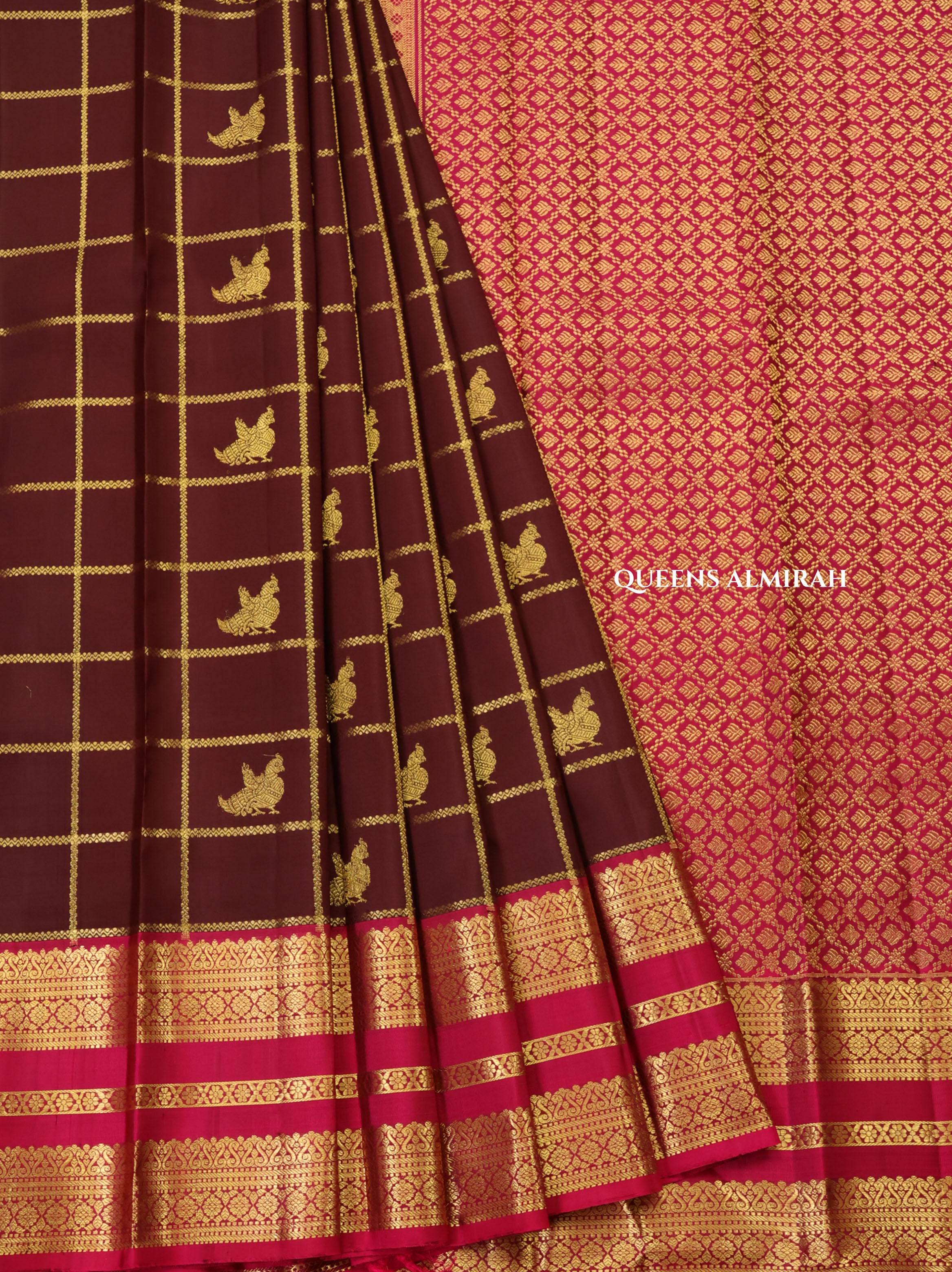 Cocoa Bean Brown With Rani Pink Pure Kanchivaram Silk Saree