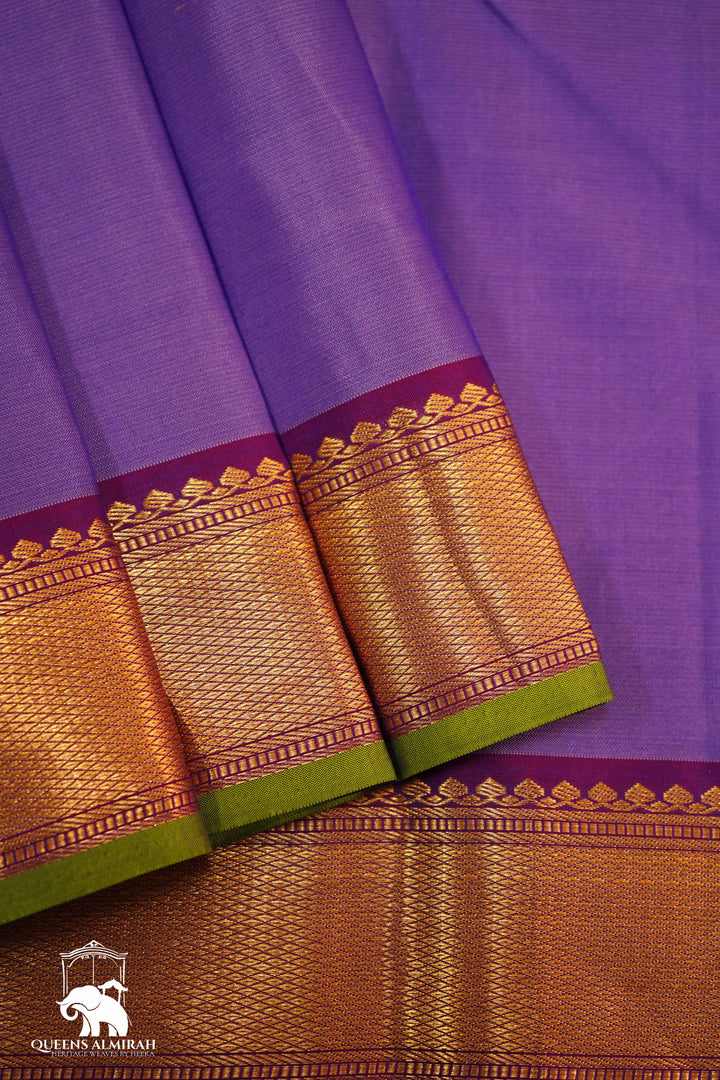 BRIGHT LAVENDAR WITH GOLD BORDER KANCHIVARAM SILK SAREE - Queens Jewel Emporium